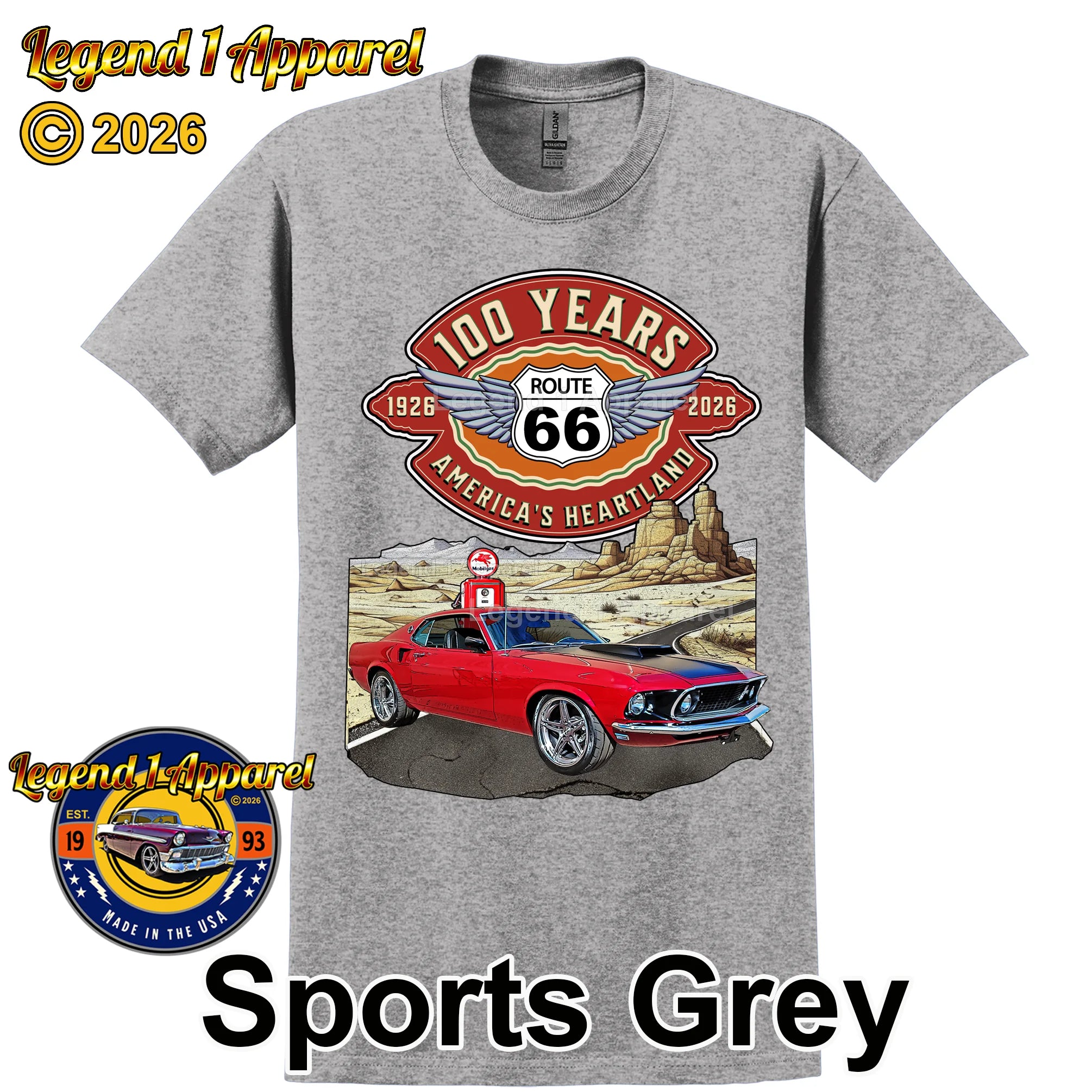 1969 Ford Mustang Fastback Classic Car Graphic Tee – Route 66 100 Years T-Shirt