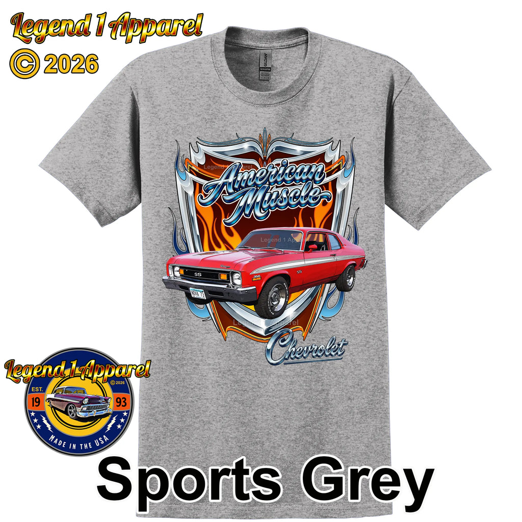 1973 Chevrolet Nova SS American Muscle T-Shirt – 73 Chevy Classic Car Graphic Tee
