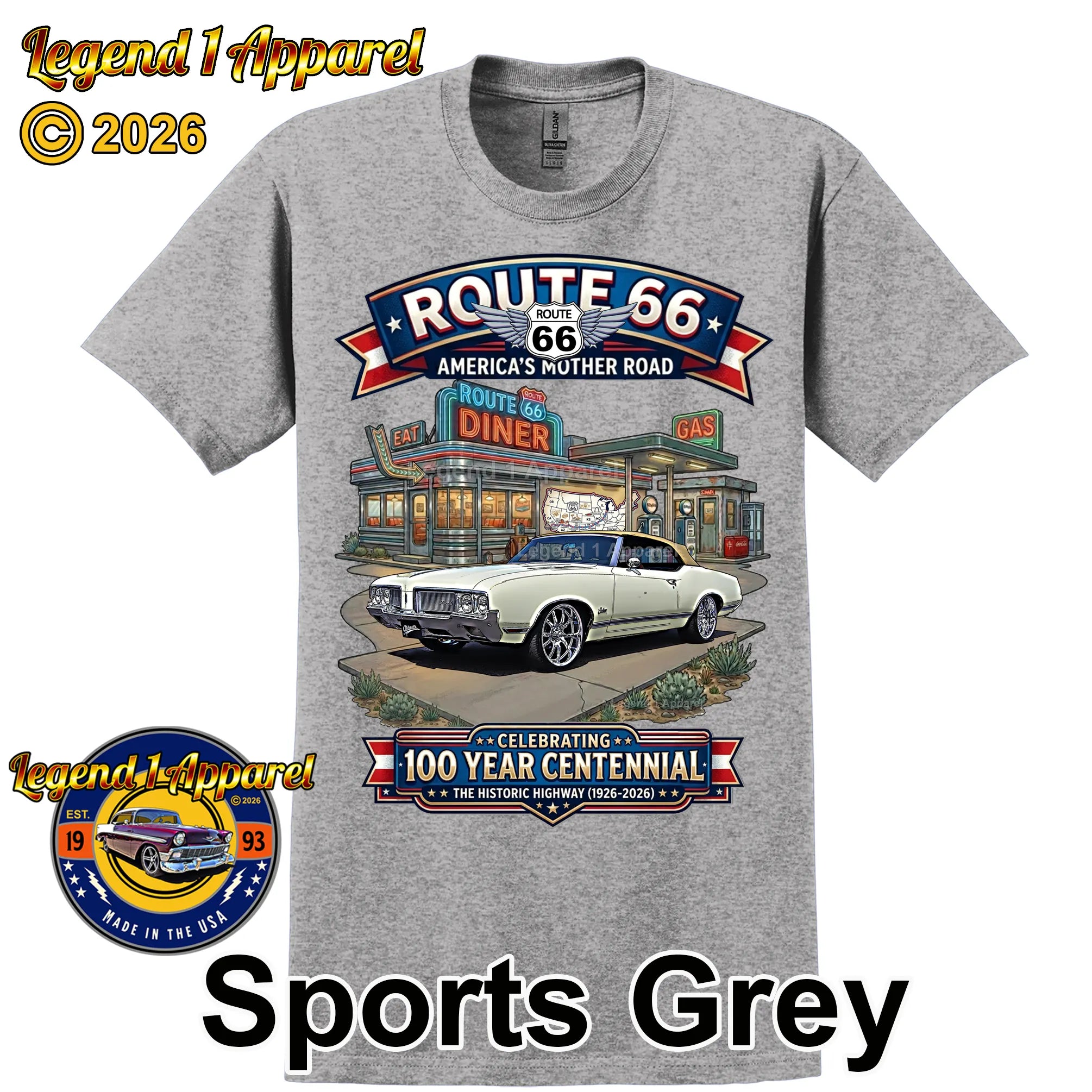1970 Oldsmobile Cutlass Supreme Convertible Classic Car Graphic Tee – Route 66 Centennial T-Shirt