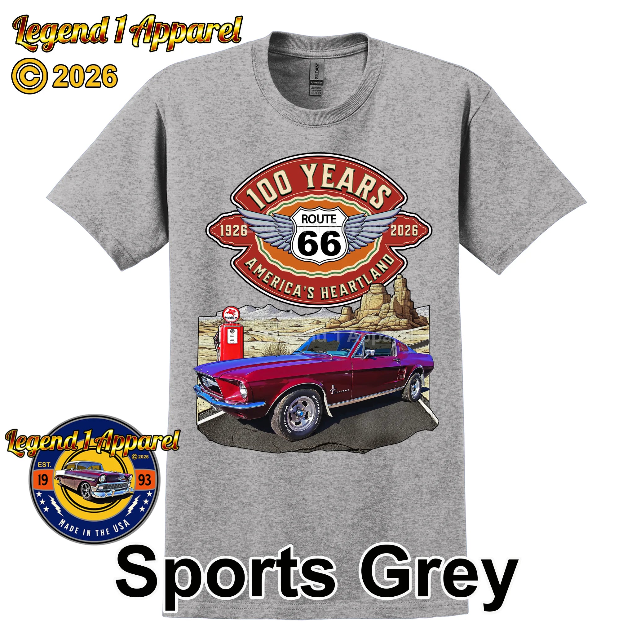 1967 Ford Mustang Fastback Classic Car Graphic Tee – Route 66 100 Years T-Shirt