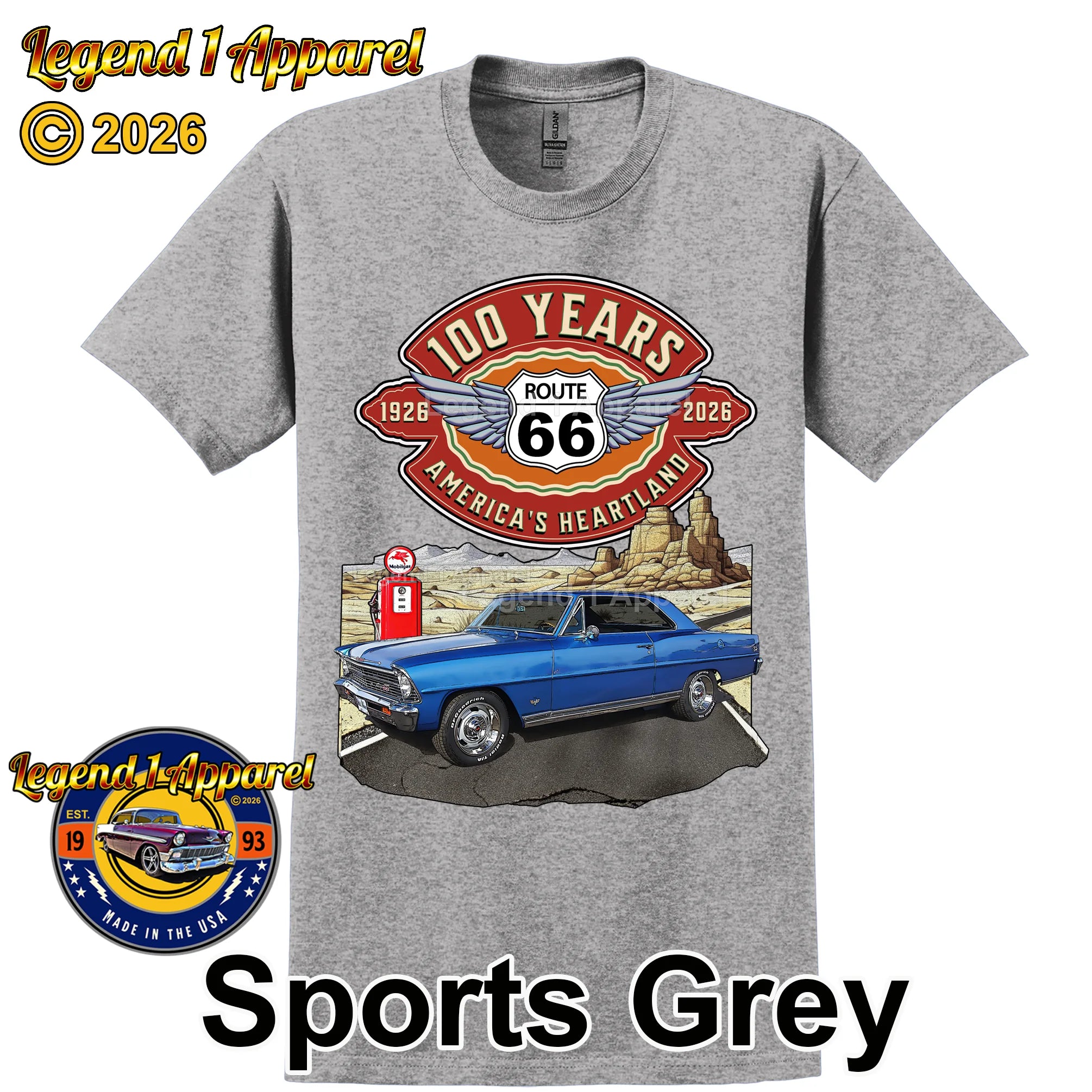 1967 Chevrolet Nova SS Classic Car Graphic Tee – Route 66 100 Years T-Shirt
