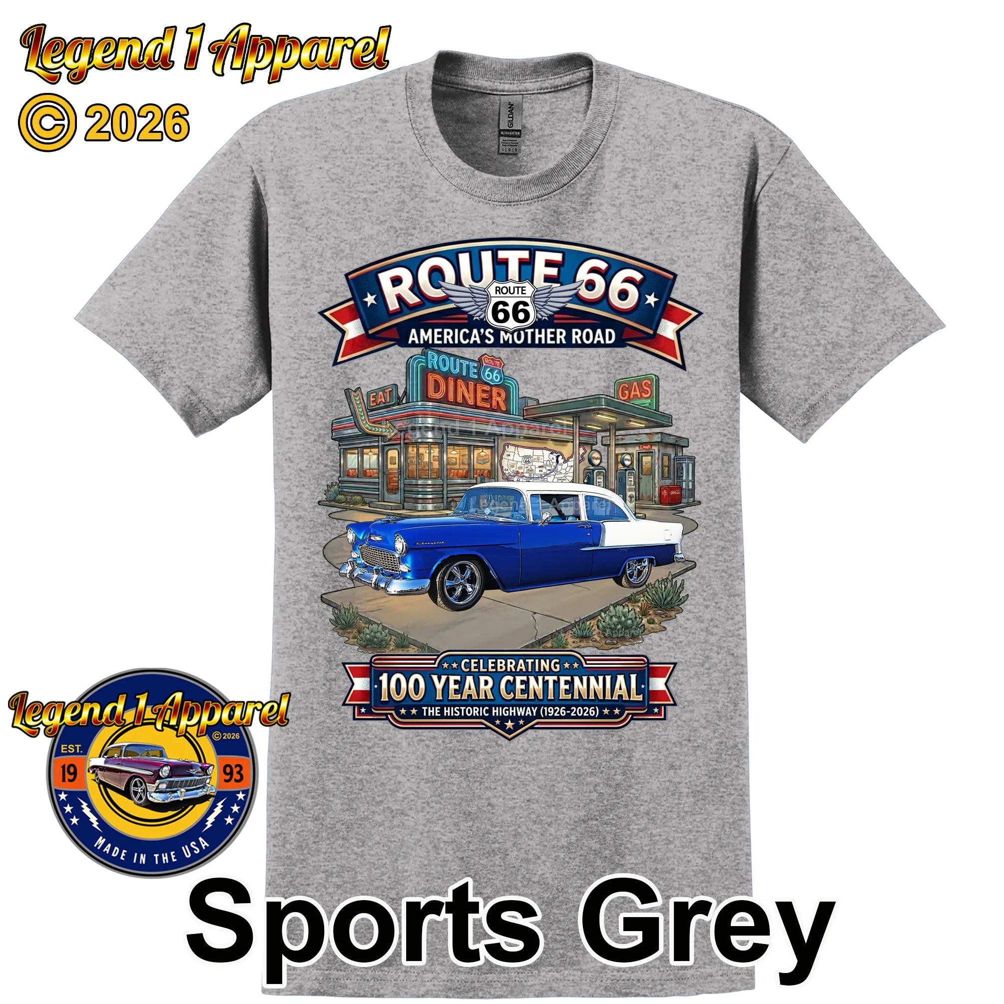 1955 Chevrolet Bel Air Coupe Classic Car Graphic Tee – Route 66 Centennial T-Shirt