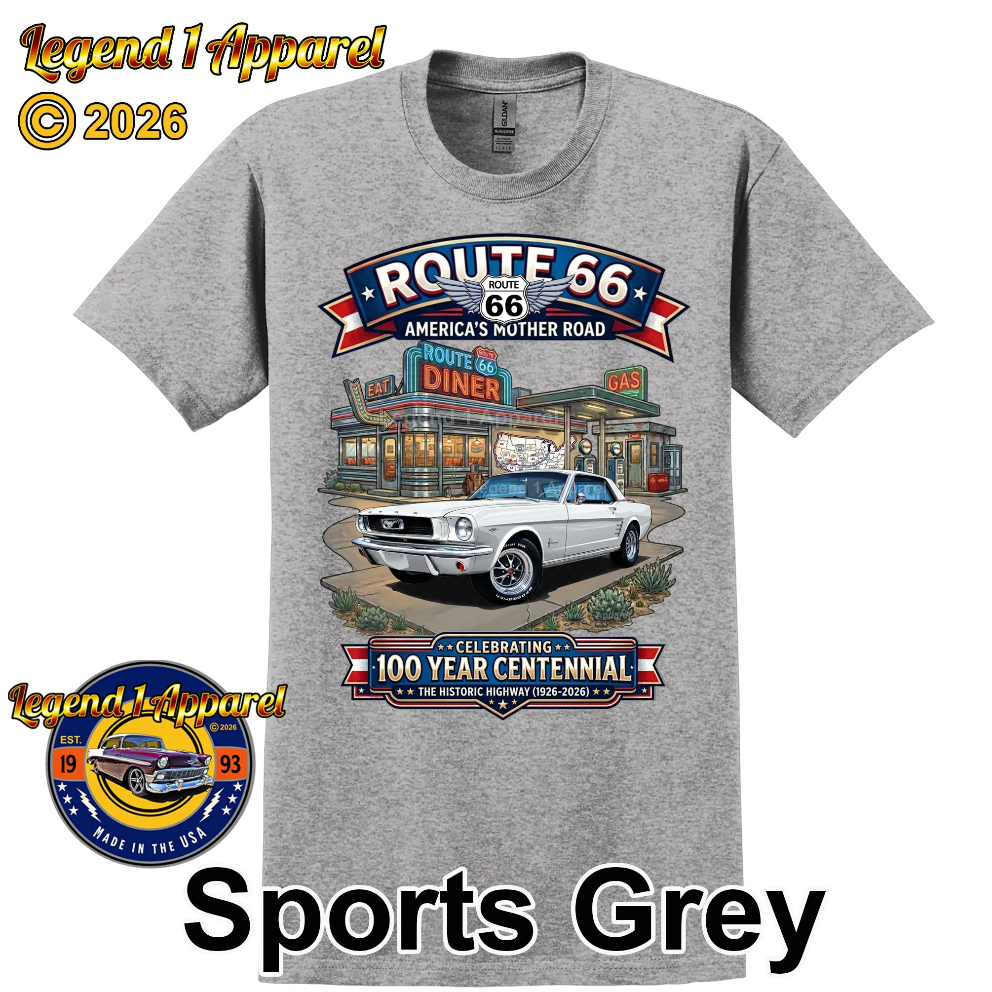 1966 Ford Mustang Hardtop Classic Car Graphic Tee – Route 66 Centennial T-Shirt