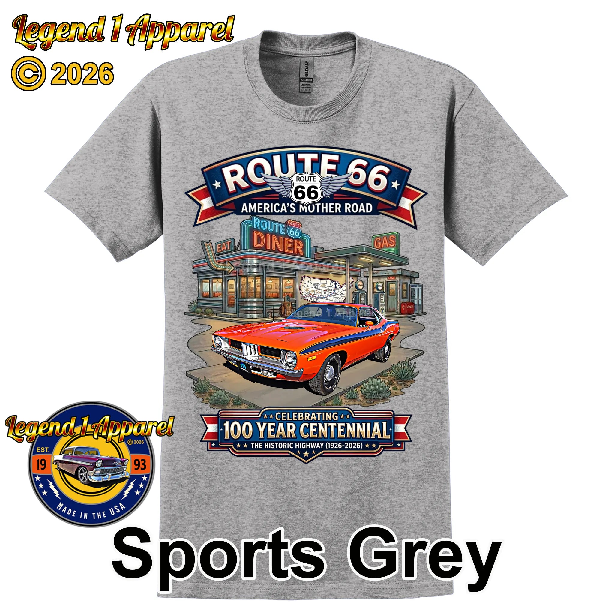 1972 Plymouth Cuda Classic Car Graphic Tee – Route 66 Centennial T-Shirt