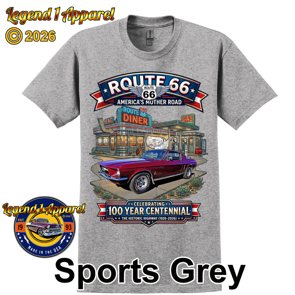 1967 Ford Mustang Fastback Classic Car Graphic Tee – Route 66 Centennial T-Shirt