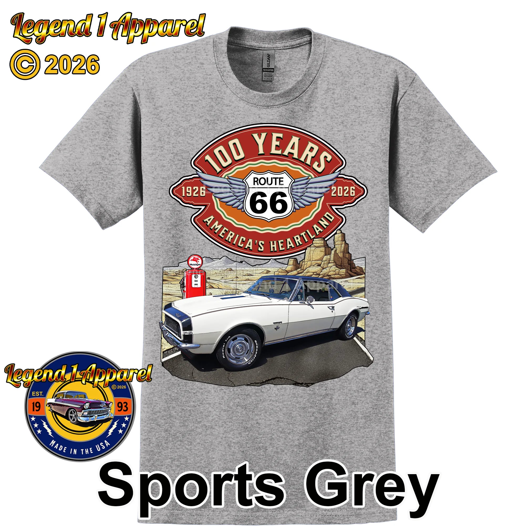 1967 Chevrolet Camaro Classic Car Graphic Tee – Route 66 100 Years T-Shirt