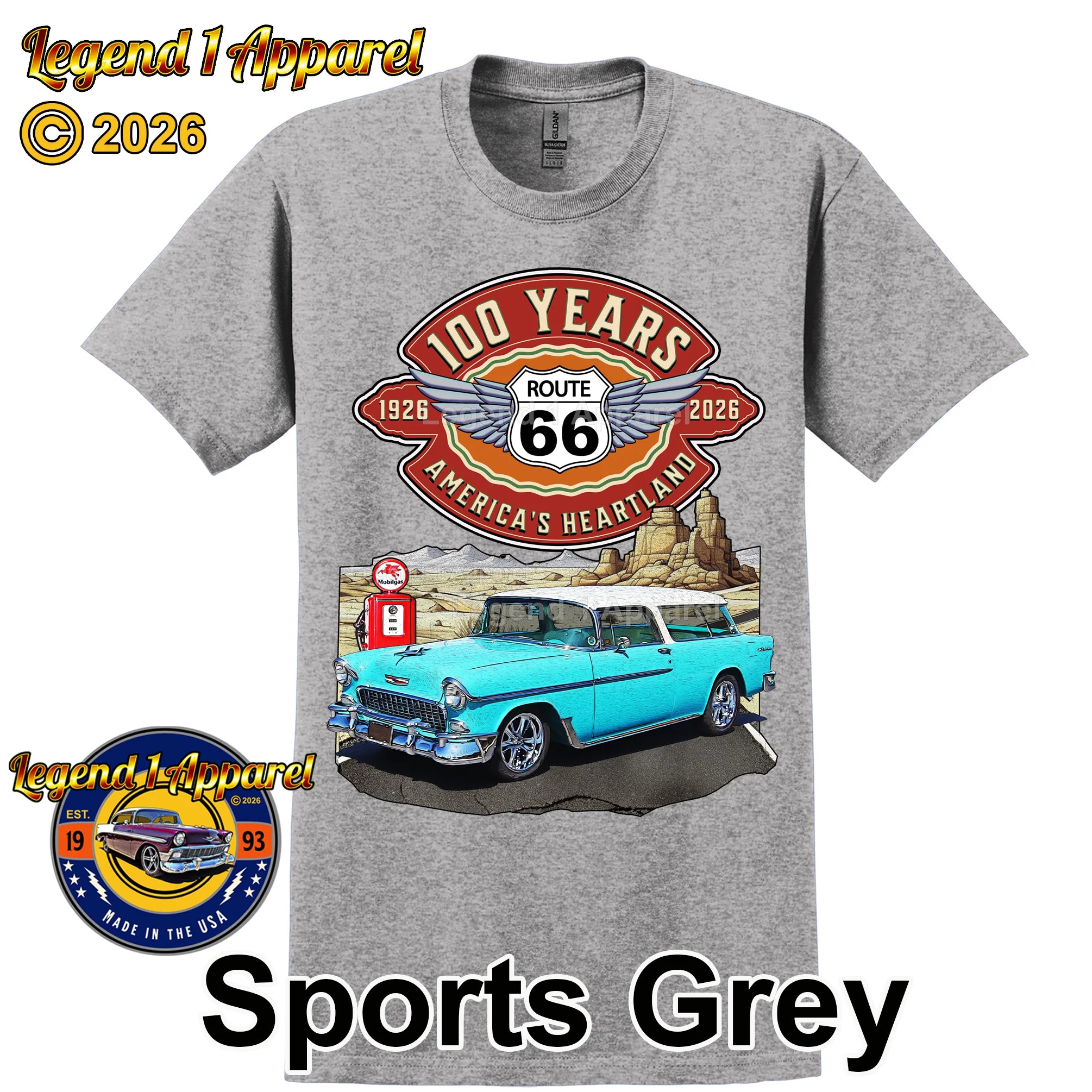 1955 Chevrolet Bel Air Nomad Classic Car Graphic Tee – Route 66 100 Years T-Shirt