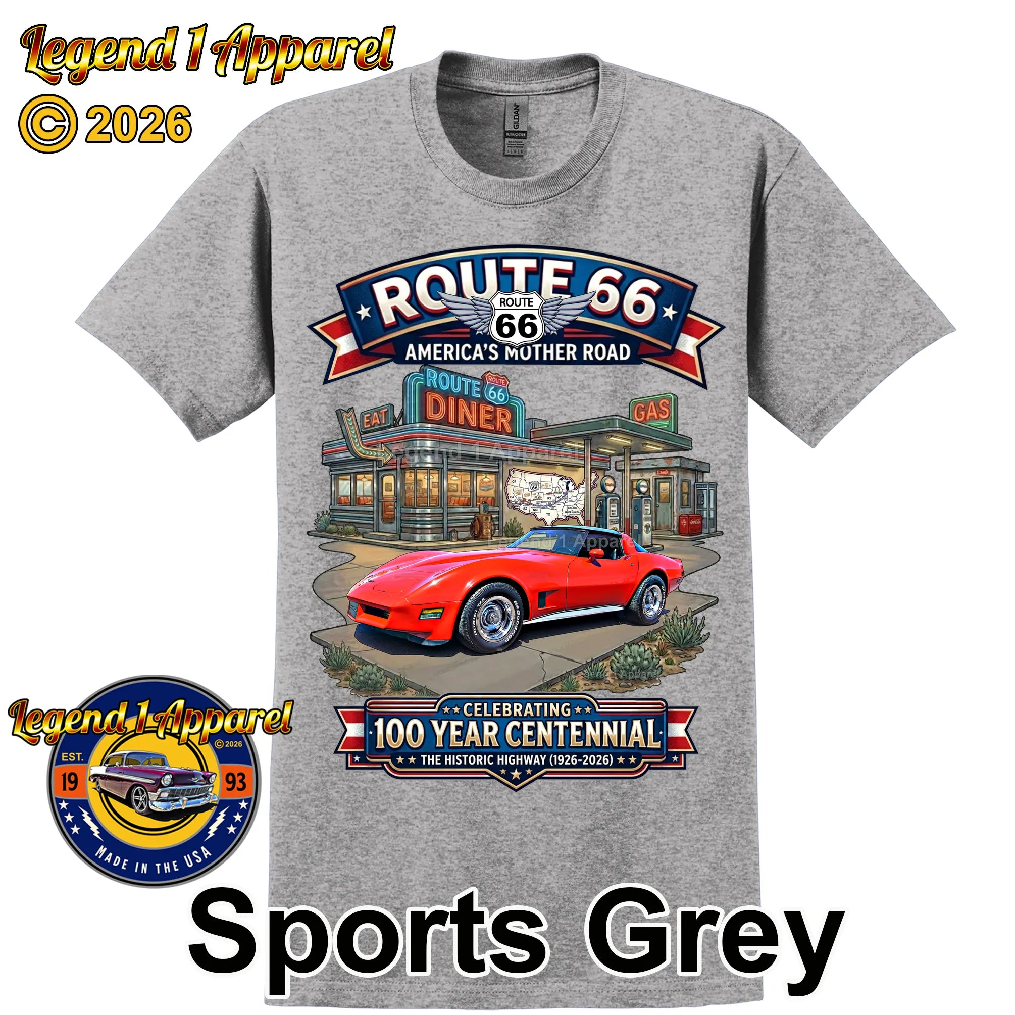 1980 Chevrolet Corvette C3 Classic Car Graphic Tee – Route 66 Centennial T-Shirt