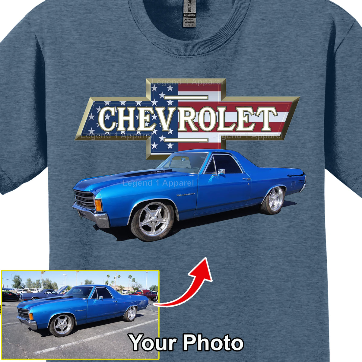 Your Classic Car or Hot Rod custom made T-shirt. Send us a picture of your car. Chevy Patriotic Bowtie