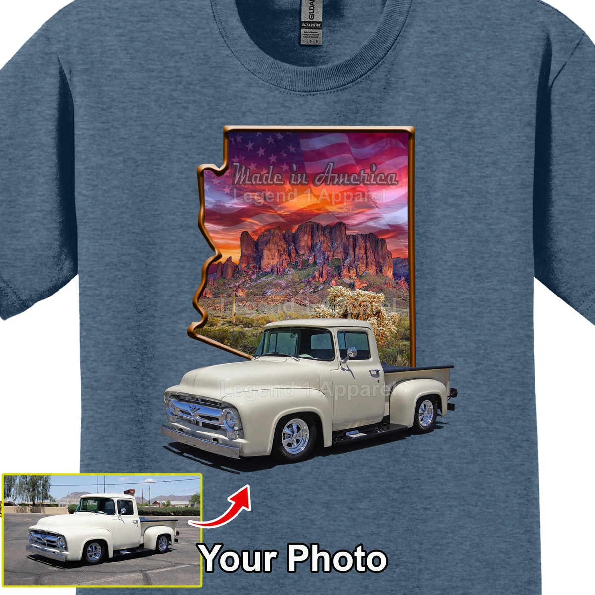 Your Classic Car or Hot Rod custom made T-shirt. Send us a picture of your car. Made in America Arizona Outline