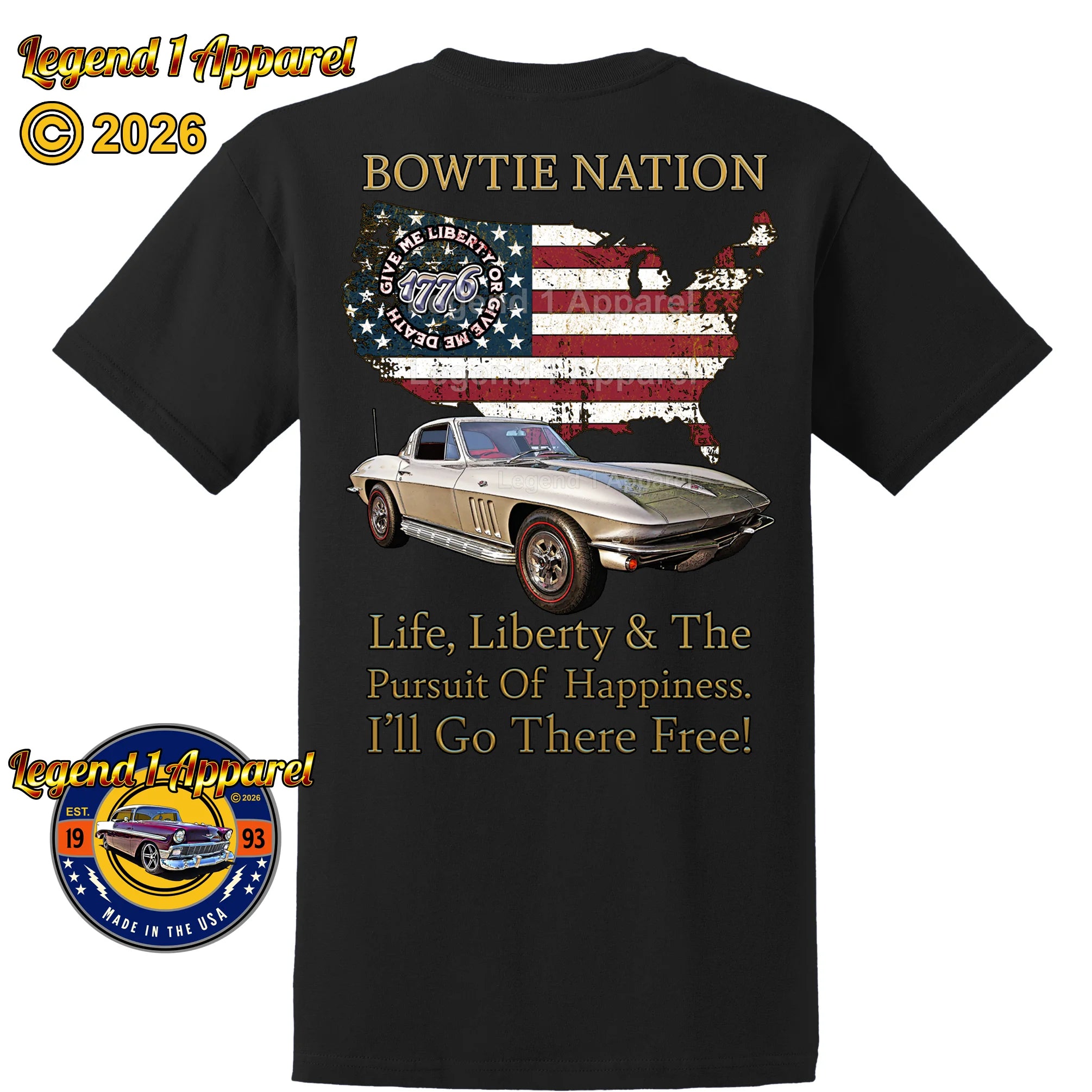 1965 Chevrolet C2 Corvette Bowtie Nation T-Shirt – 65 Chevy Classic Car Graphic Tee