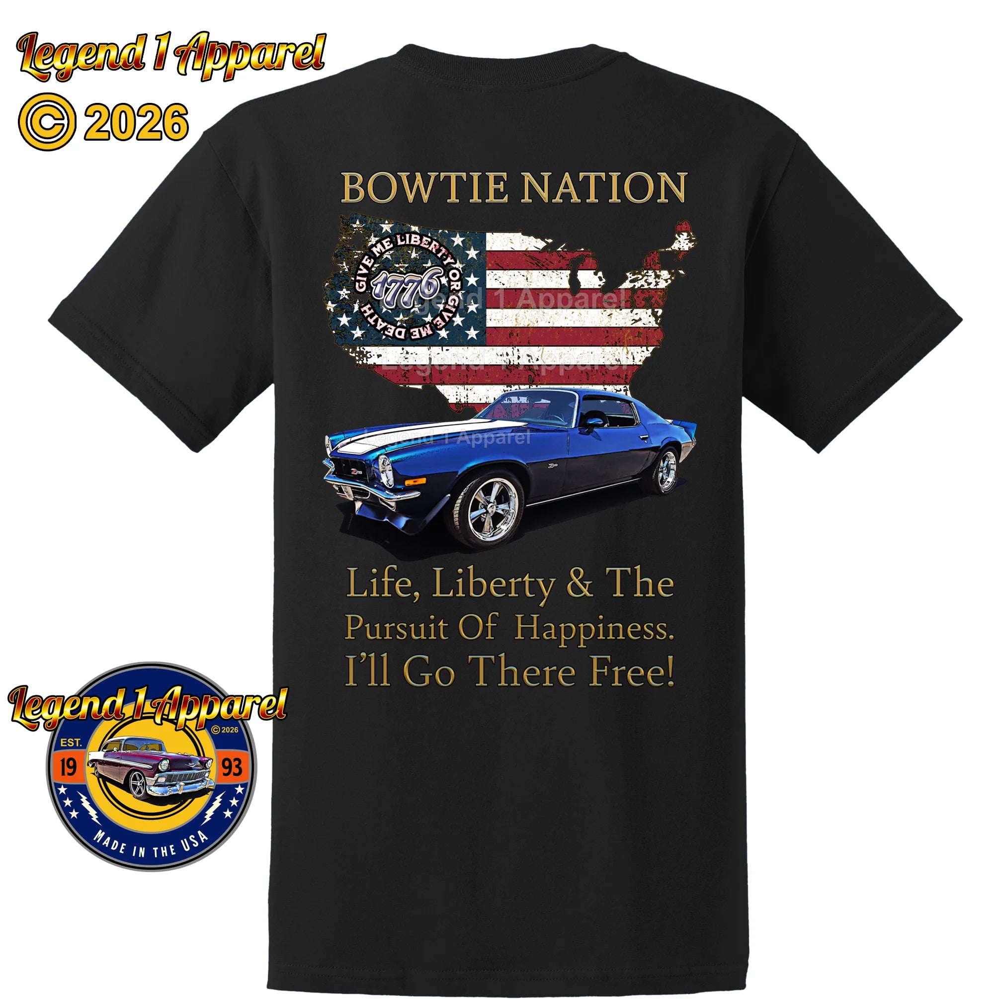 1973 Chevrolet Camaro Bowtie Nation T-Shirt – 73 Chevy Classic Car Graphic Tee