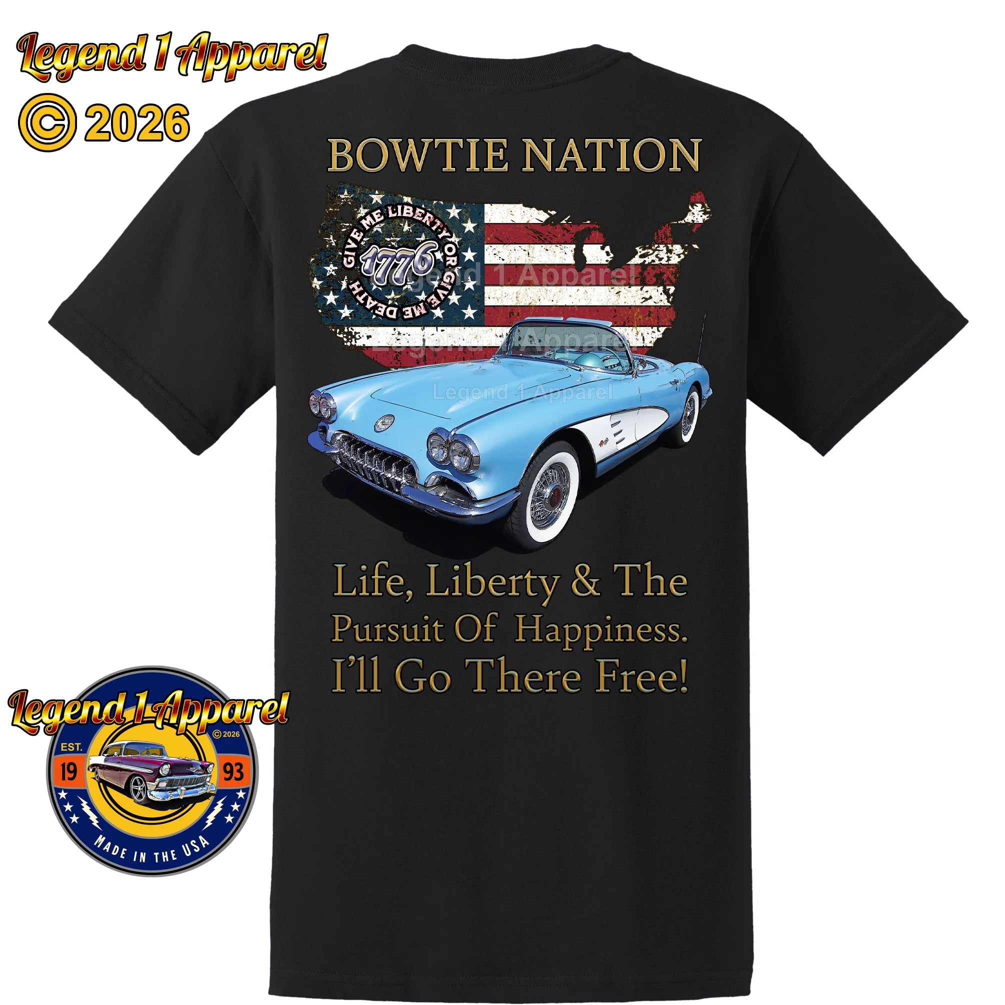 1960 Chevrolet C1 Corvette Bowtie Nation T-Shirt – 60 Chevy Classic Car Graphic Tee