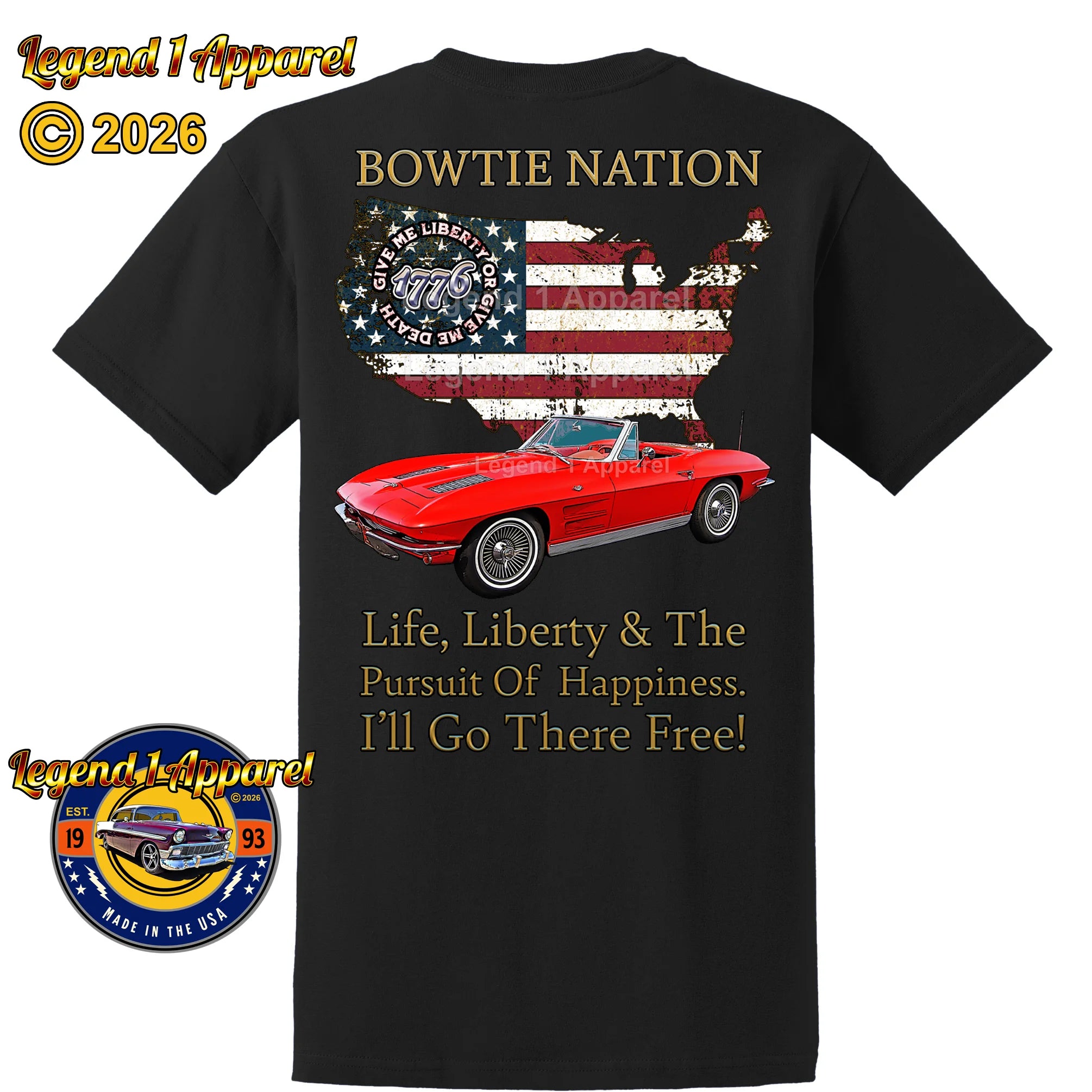 1963 Chevrolet C2 Corvette Bowtie Nation T-Shirt – 63 Chevy Classic Car Graphic Tee