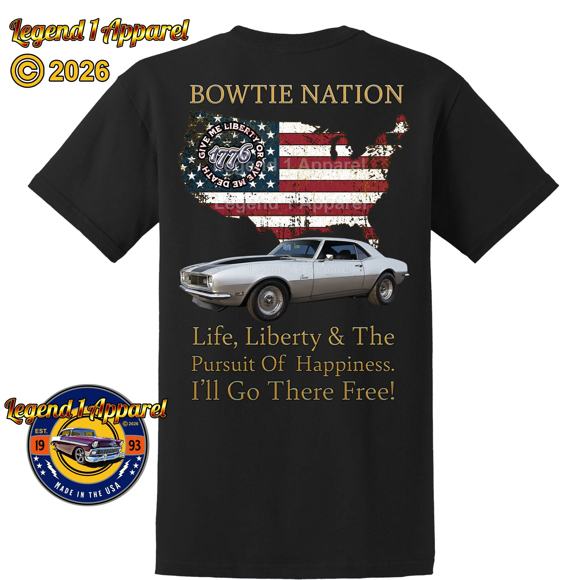 1968 Chevrolet Camaro Bowtie Nation T-Shirt – 68 Chevy Classic Car Graphic Tee