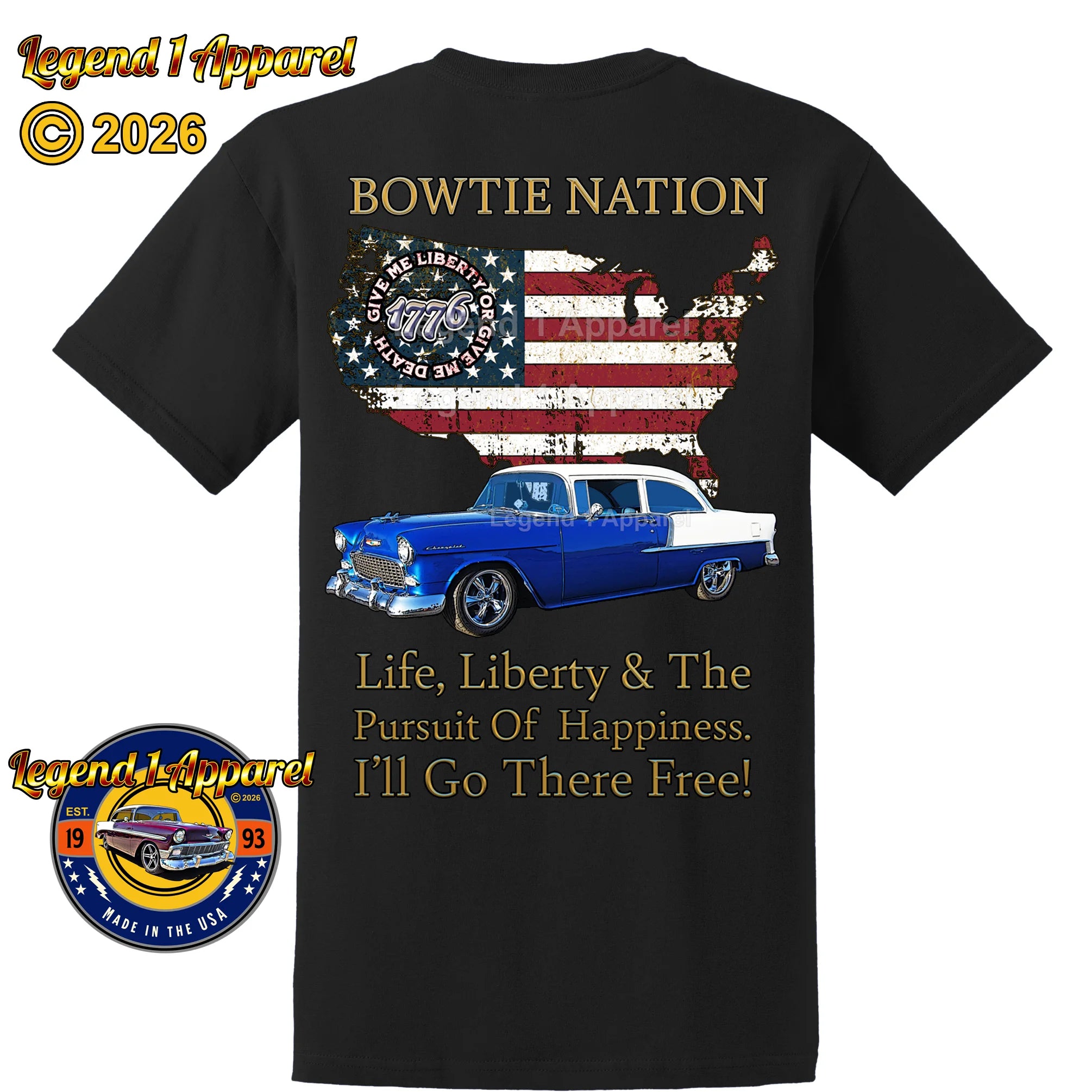 1955 Chevrolet Bel Air Bowtie Nation T-Shirt – 55 Chevy Classic Car Graphic Tee