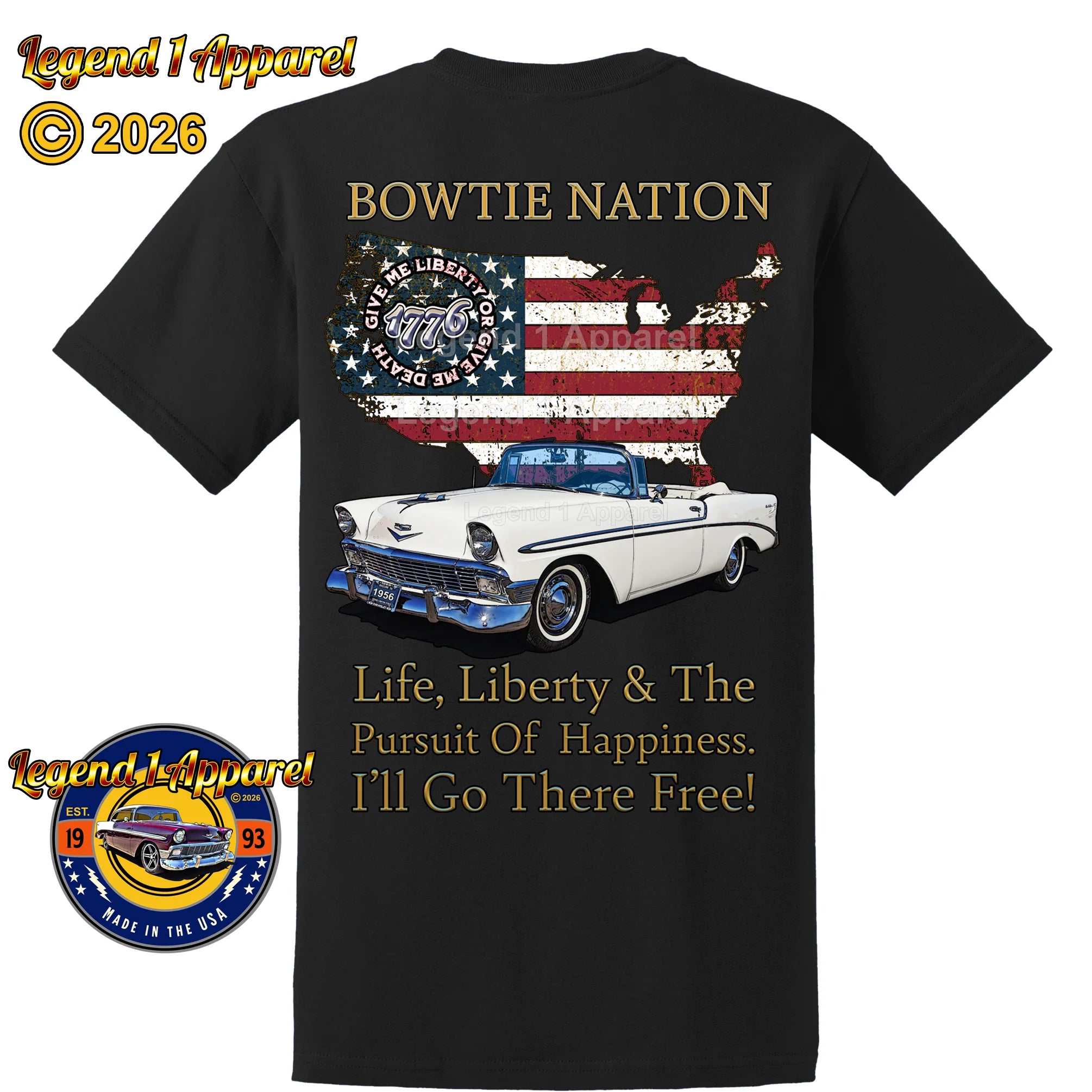 1956 Chevrolet Bel Air Convertible Bowtie Nation T-Shirt – 56 Chevy Classic Car Graphic Tee