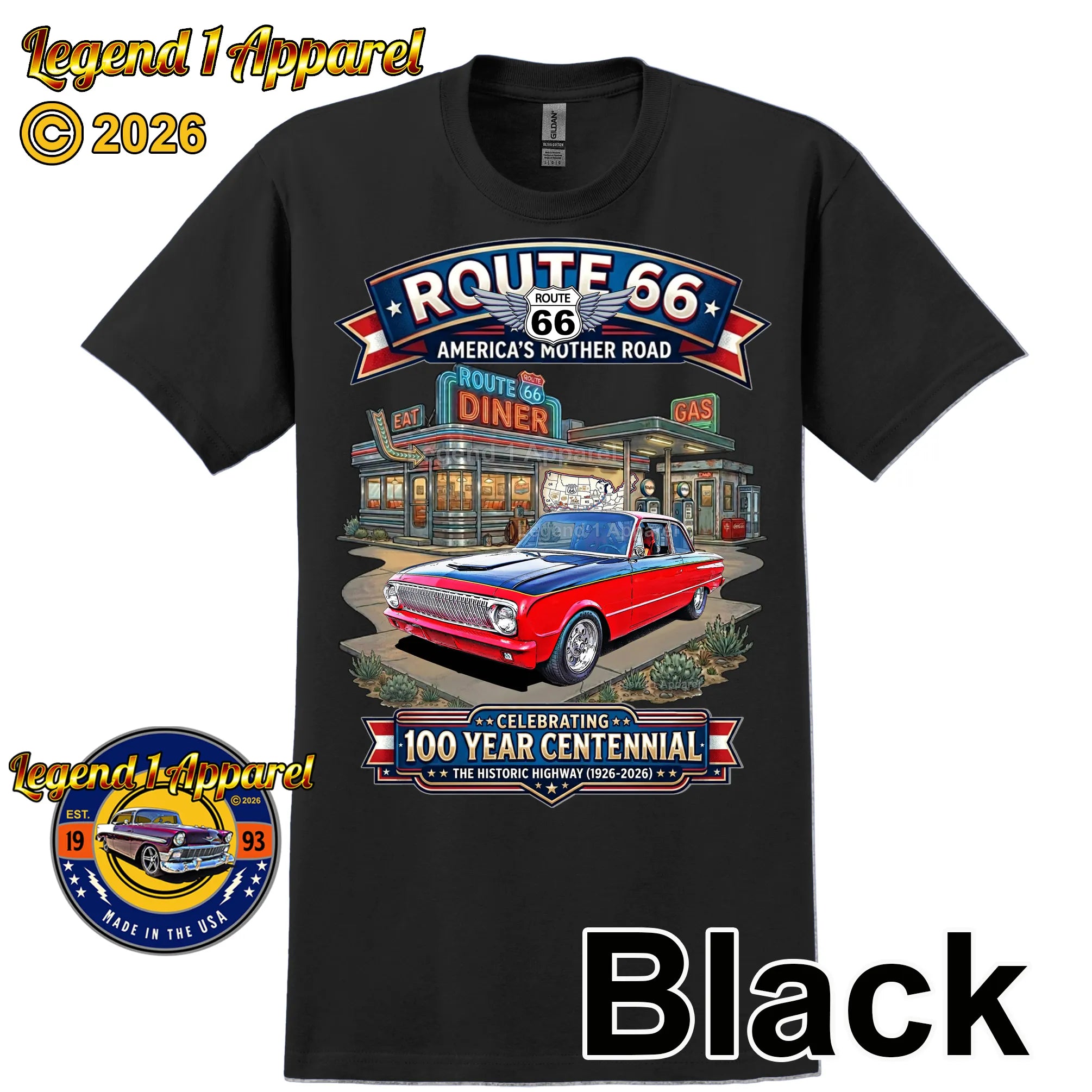 1963 Ford Falcon Classic Car Graphic Tee – Route 66 Centennial T-Shirt