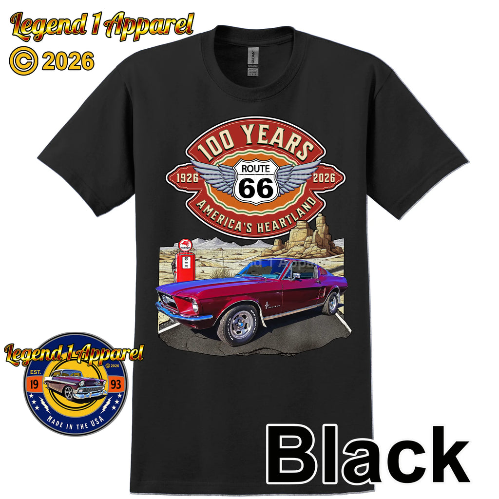 1967 Ford Mustang Fastback Classic Car Graphic Tee – Route 66 100 Years T-Shirt
