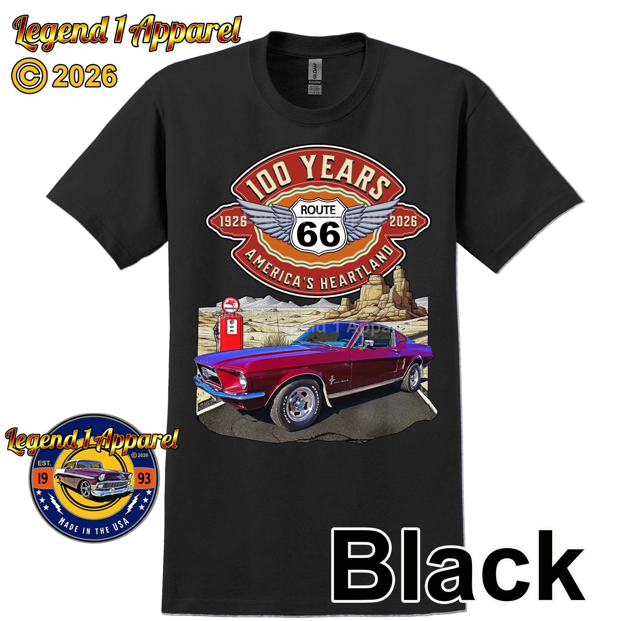 1967 Ford Mustang Fastback Classic Car Graphic Tee – Route 66 100 Years T-Shirt