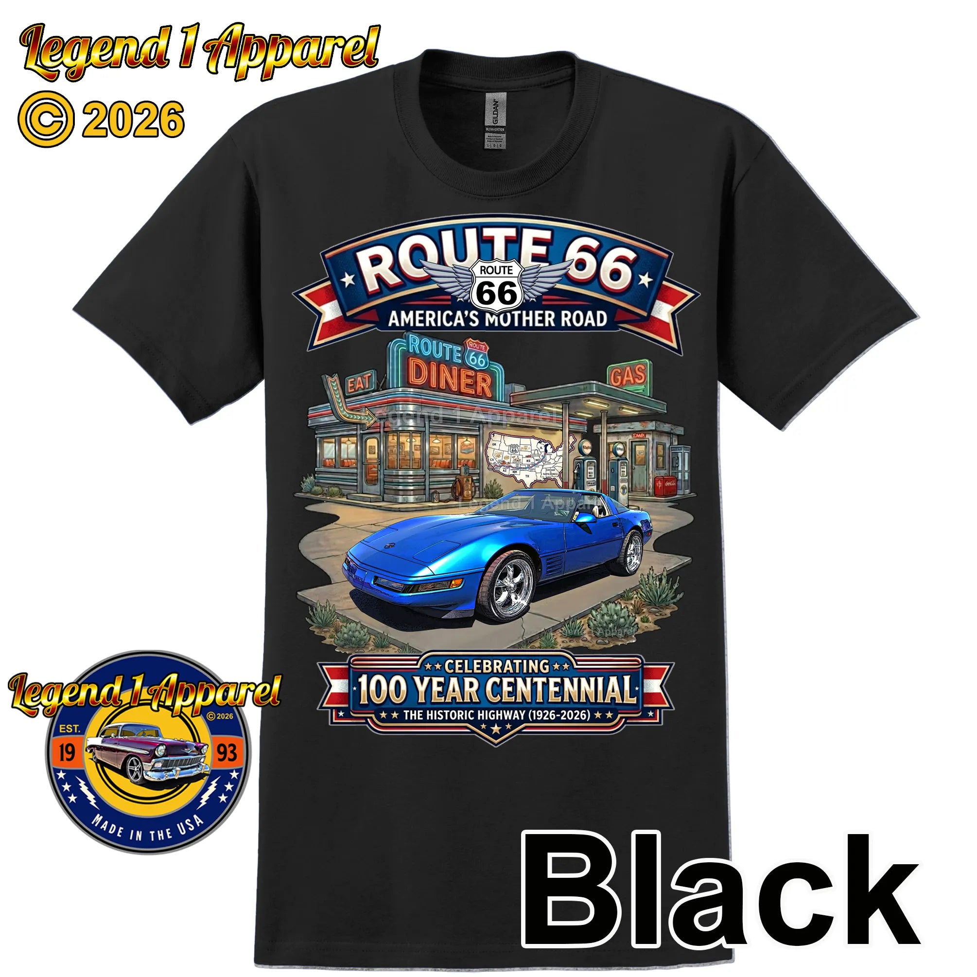 1992 Chevrolet Corvette C4 Classic Car Graphic Tee – Route 66 Centennial T-Shirt