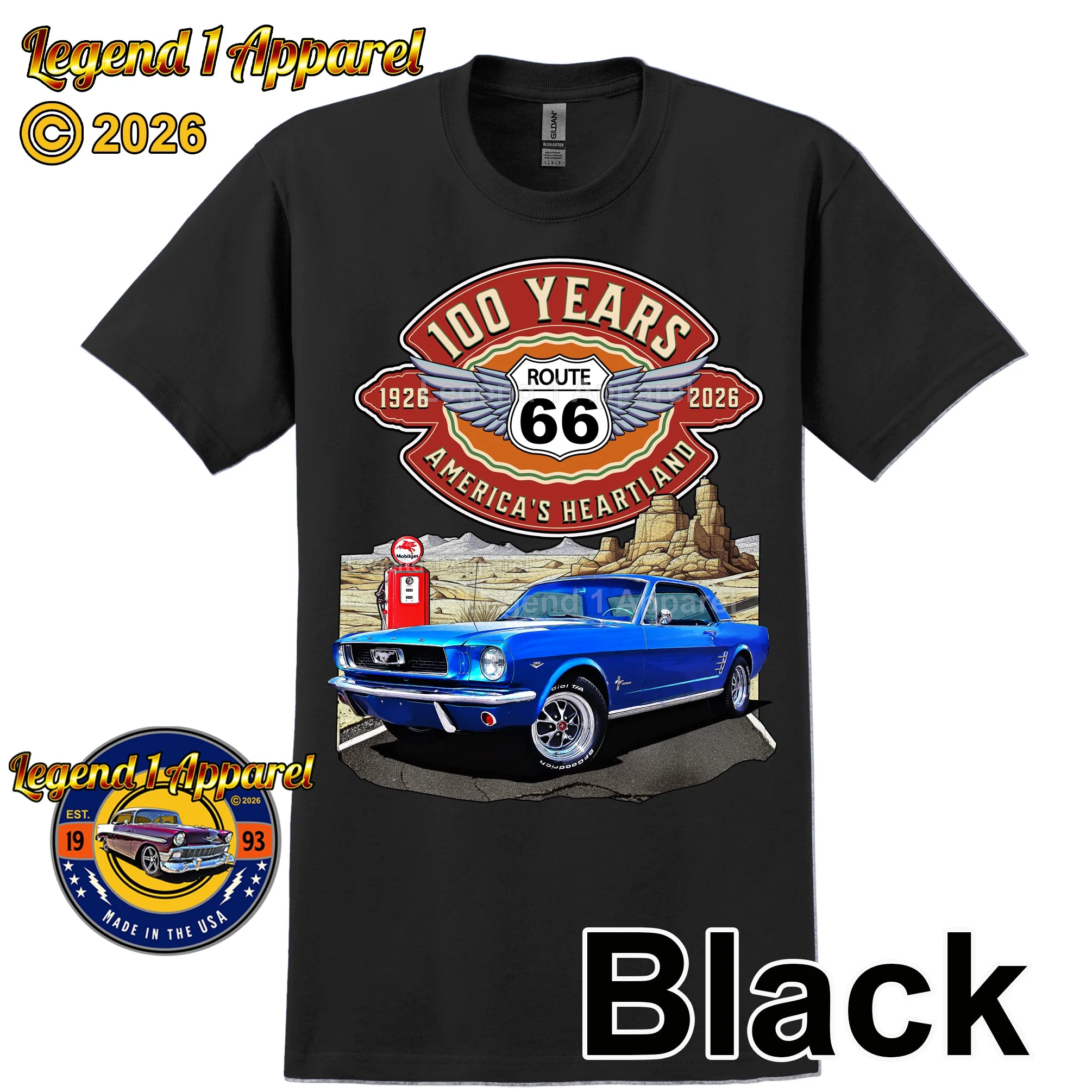 1966 Ford Mustang Hardtop Classic Car Graphic Tee – Route 66 100 Years T-Shirt