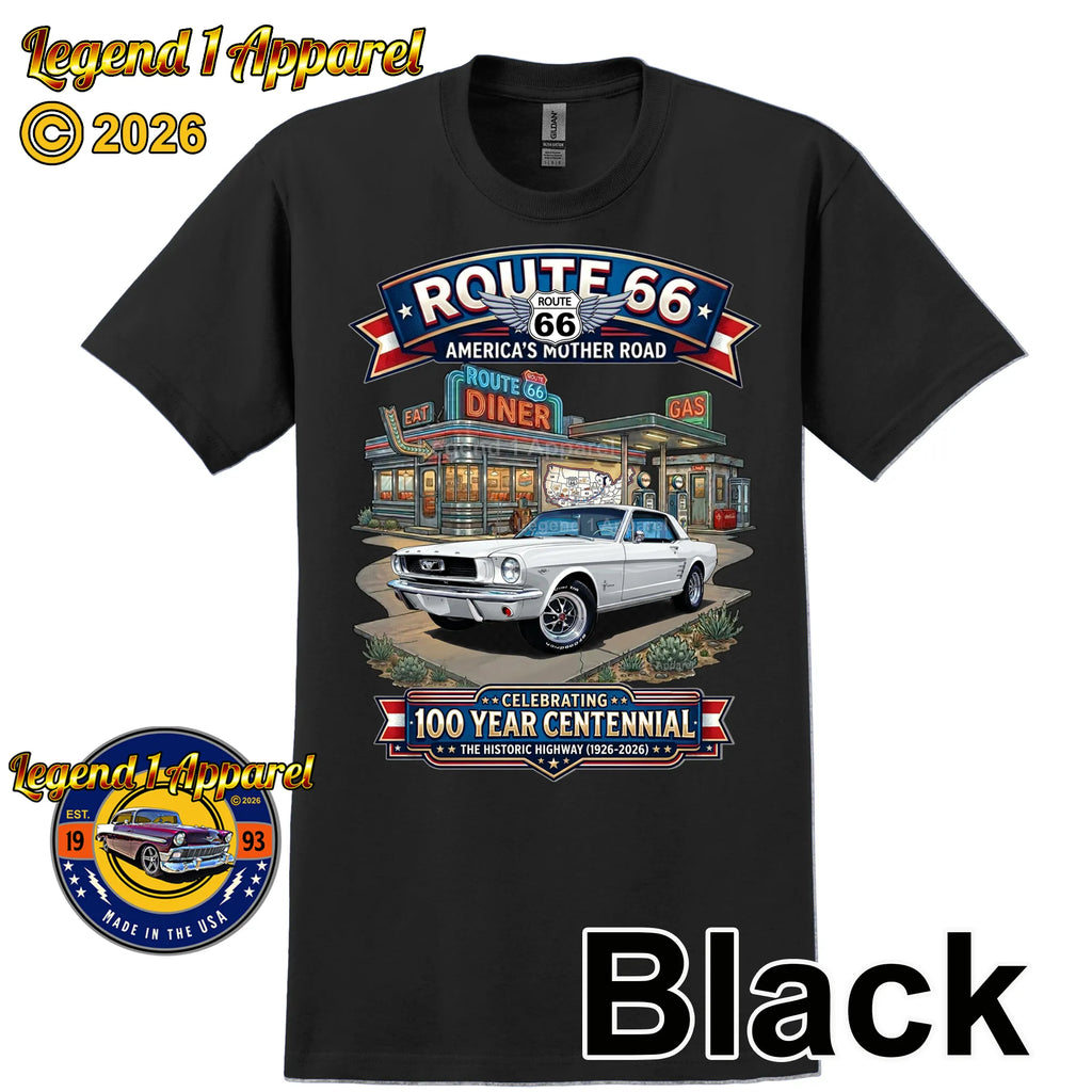 1966 Ford Mustang Hardtop Classic Car Graphic Tee – Route 66 Centennial T-Shirt