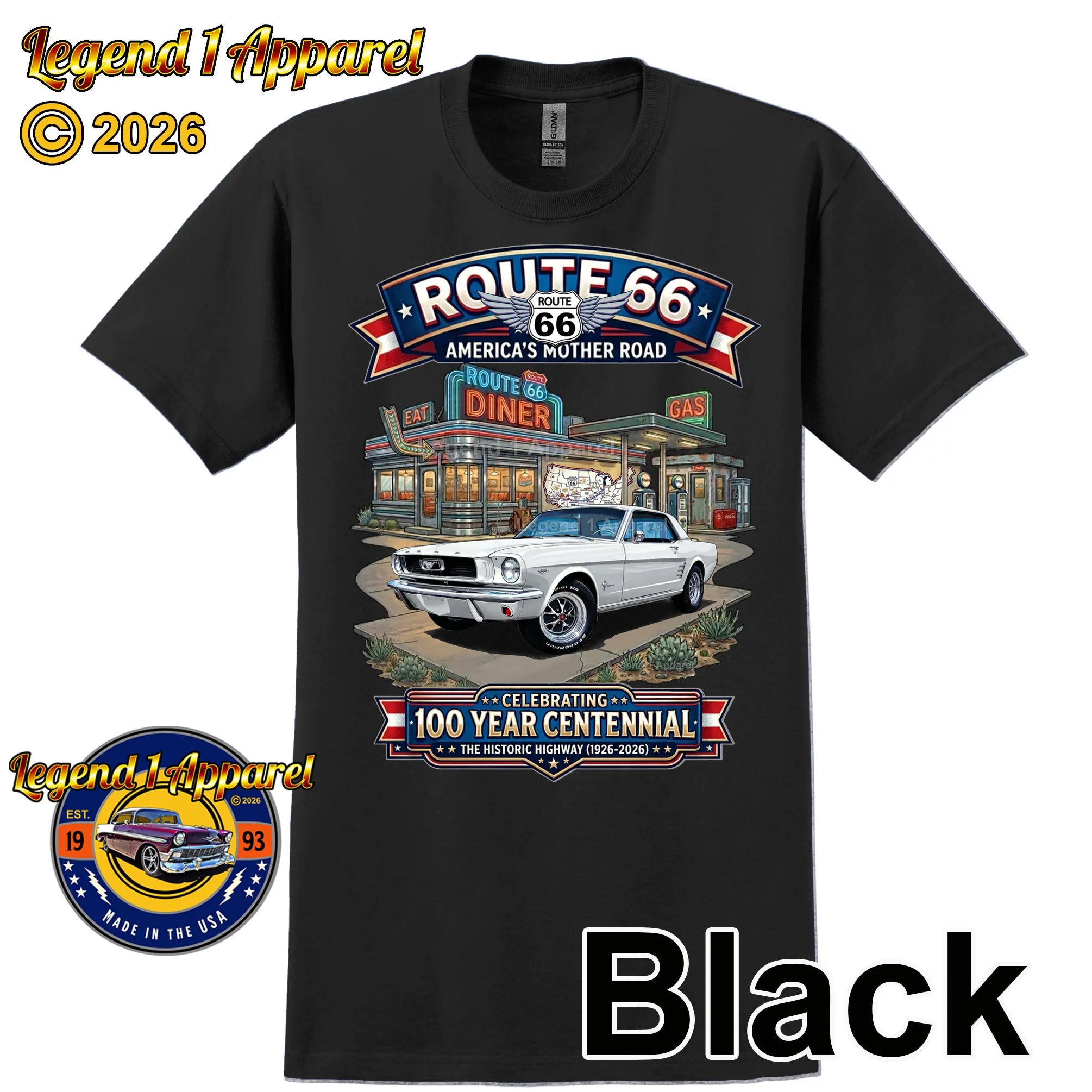 1966 Ford Mustang Hardtop Classic Car Graphic Tee – Route 66 Centennial T-Shirt