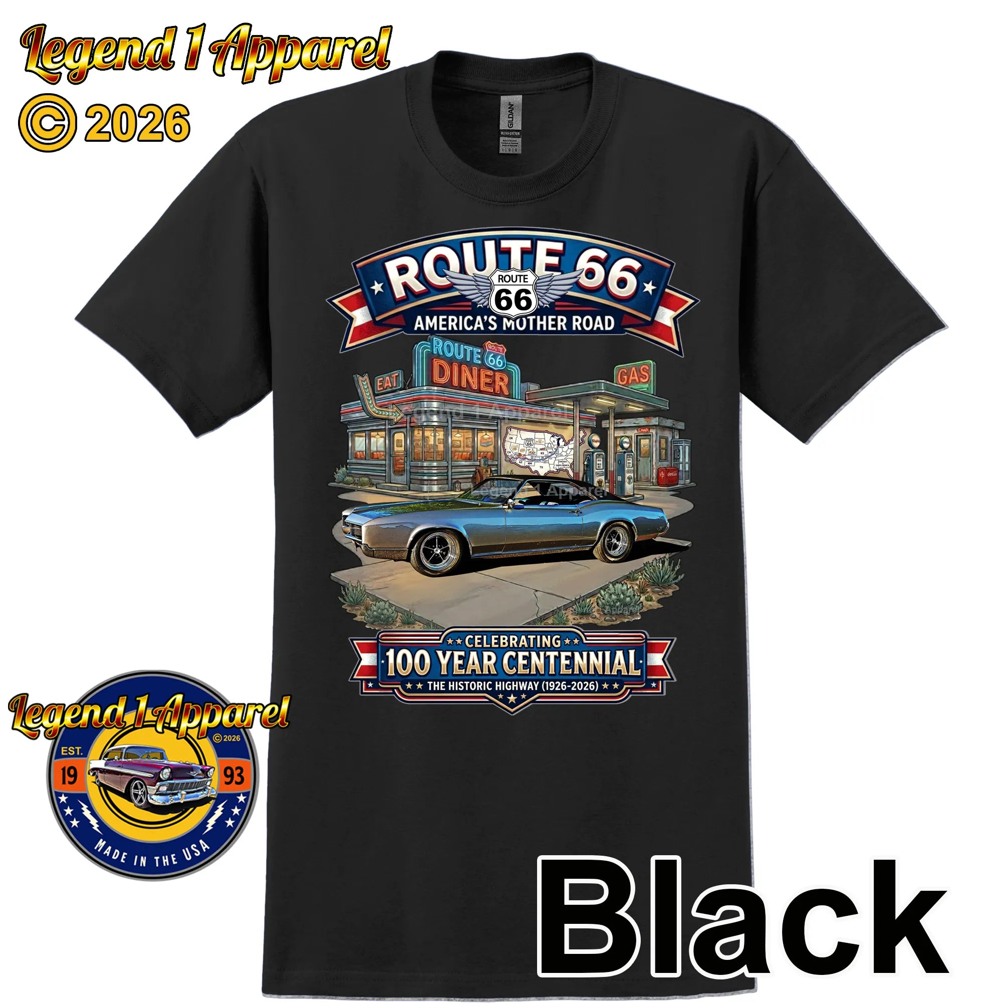 1967 Buick Riviera Classic Car Graphic Tee – Route 66 Centennial T-Shirt