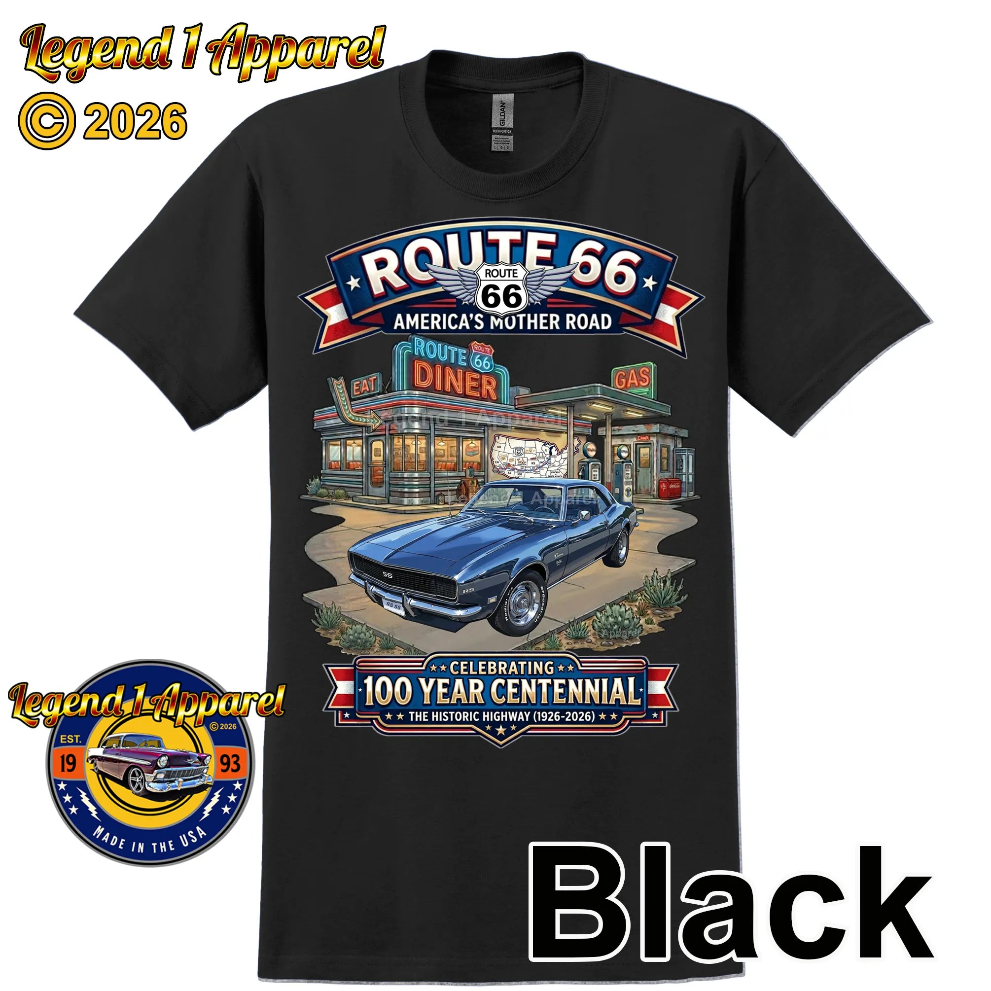 1968 Chevrolet Camaro Classic Car Graphic Tee – Route 66 Centennial T-Shirt