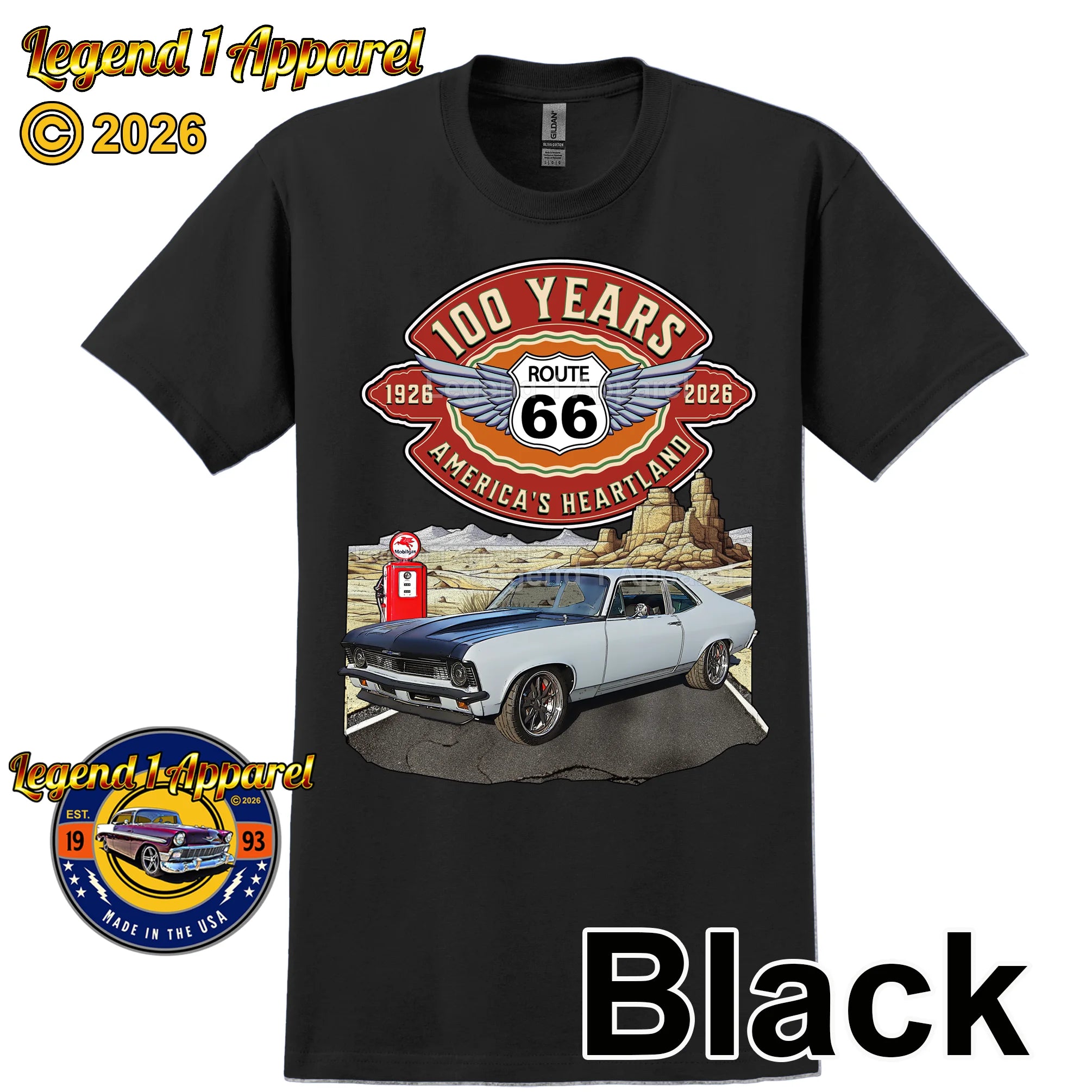 1972 Chevrolet Nova SS Classic Car Graphic Tee – Route 66 100 Years T-Shirt