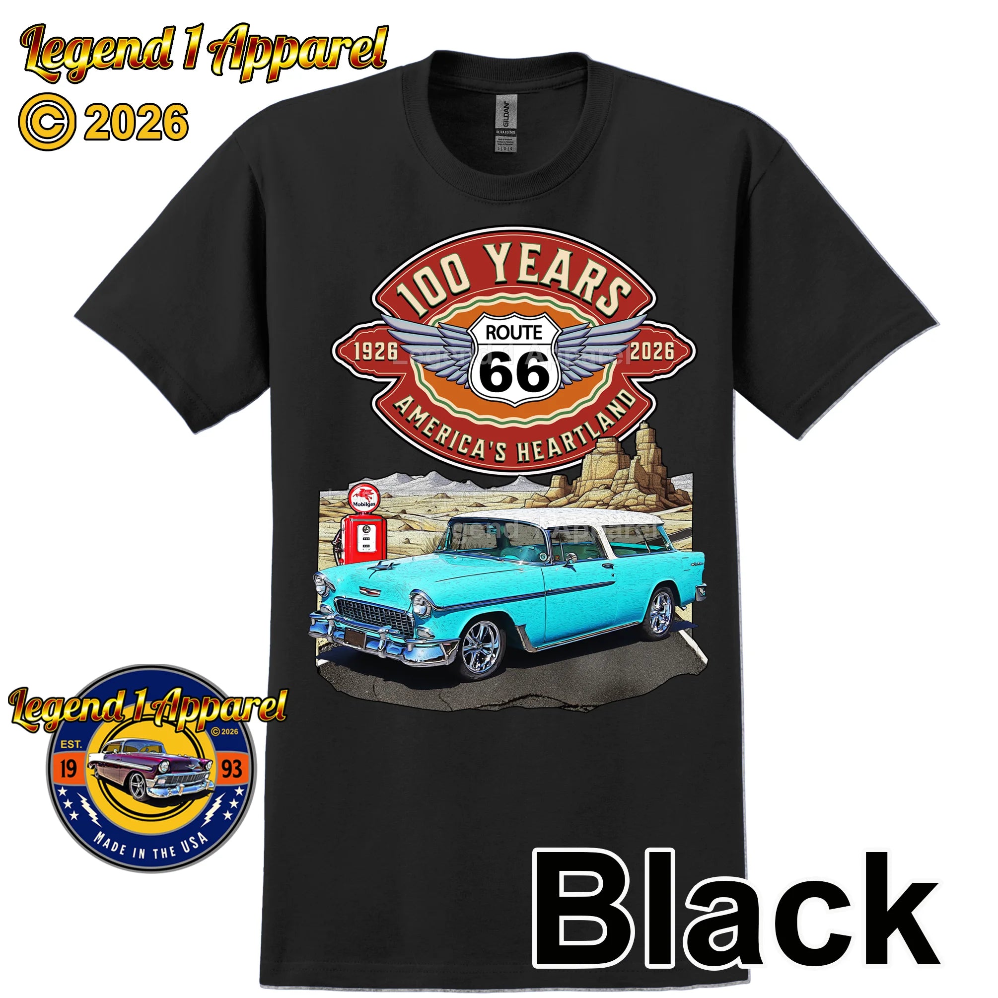 1955 Chevrolet Bel Air Nomad Classic Car Graphic Tee – Route 66 100 Years T-Shirt