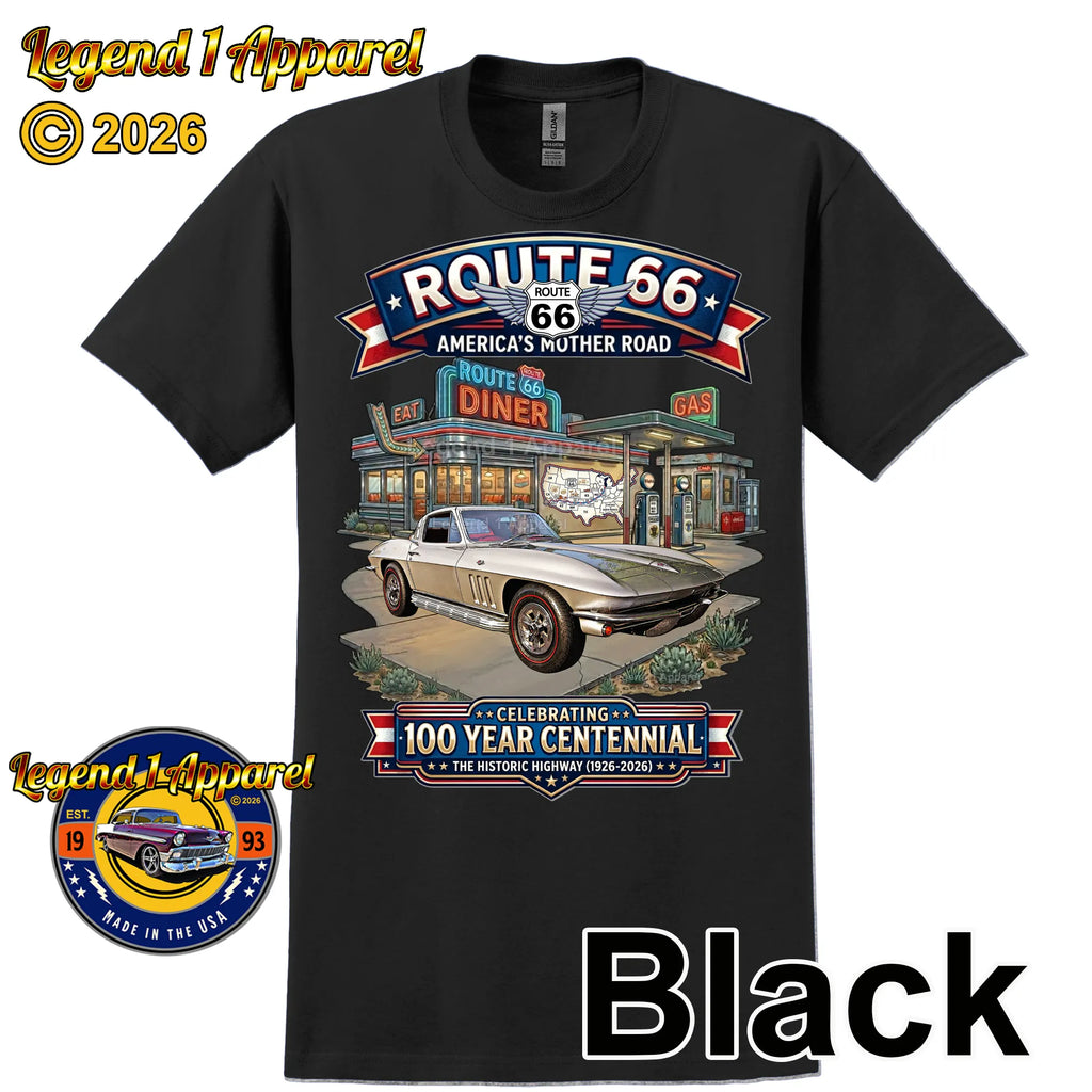 1965 Chevrolet Corvette C2 Classic Car Graphic Tee – Route 66 Centennial T-Shirt