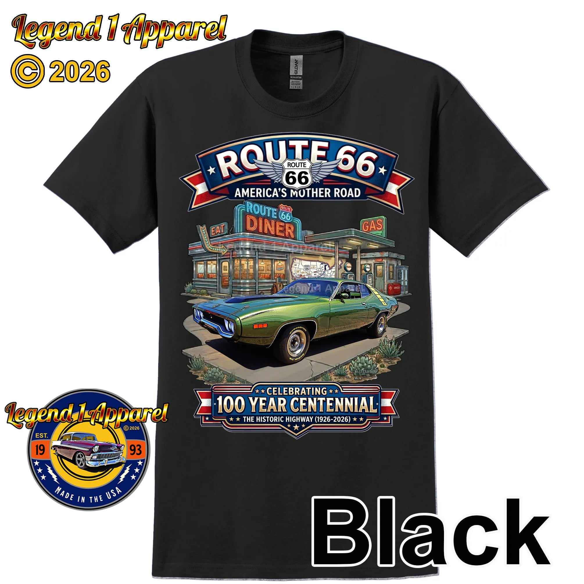 1971 Plymouth Roadrunner Classic Car Graphic Tee – Route 66 Centennial T-Shirt