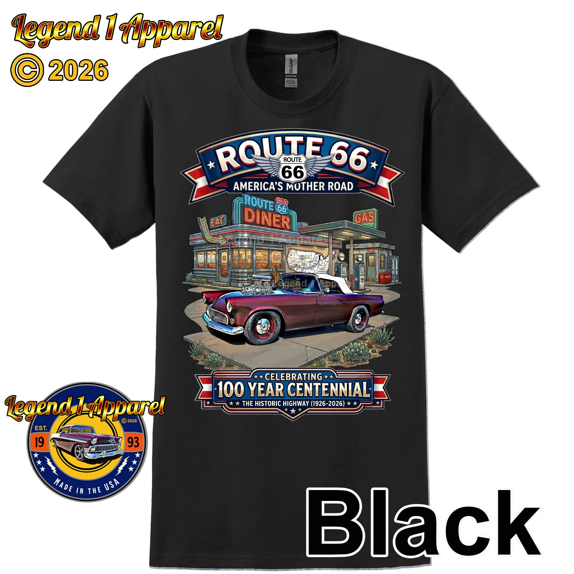 1955 Ford Thunderbird Classic Car Graphic Tee – Route 66 Centennial T-Shirt