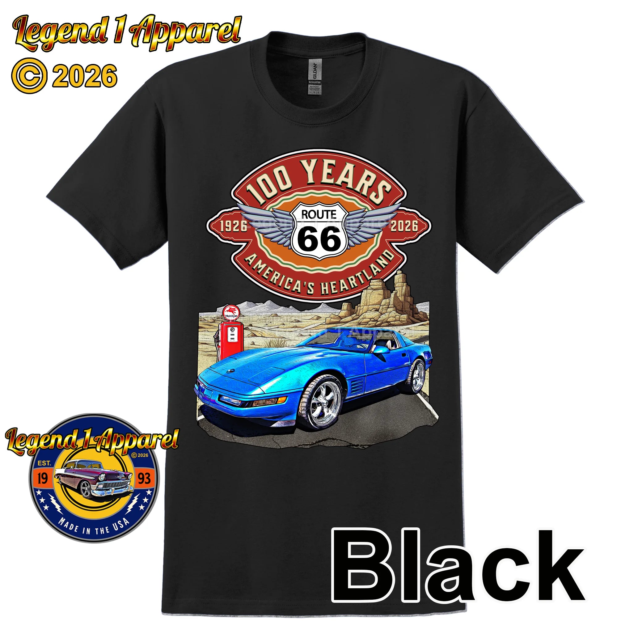 1992 Chevrolet Corvette C4 Classic Car Graphic Tee – Route 66 100 Years T-Shirt