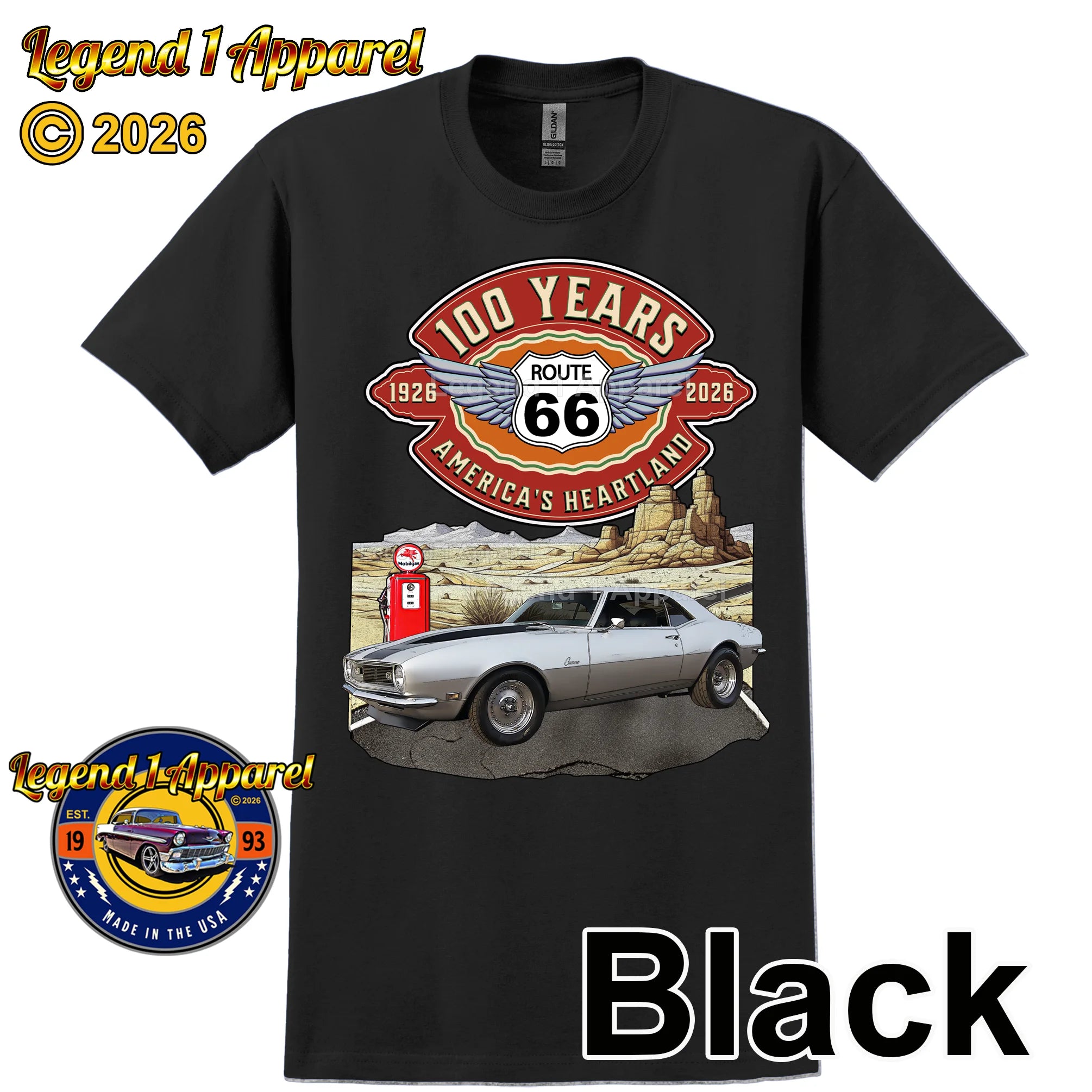 1968 Chevrolet Camaro Classic Car Graphic Tee – Route 66 100 Years T-Shirt
