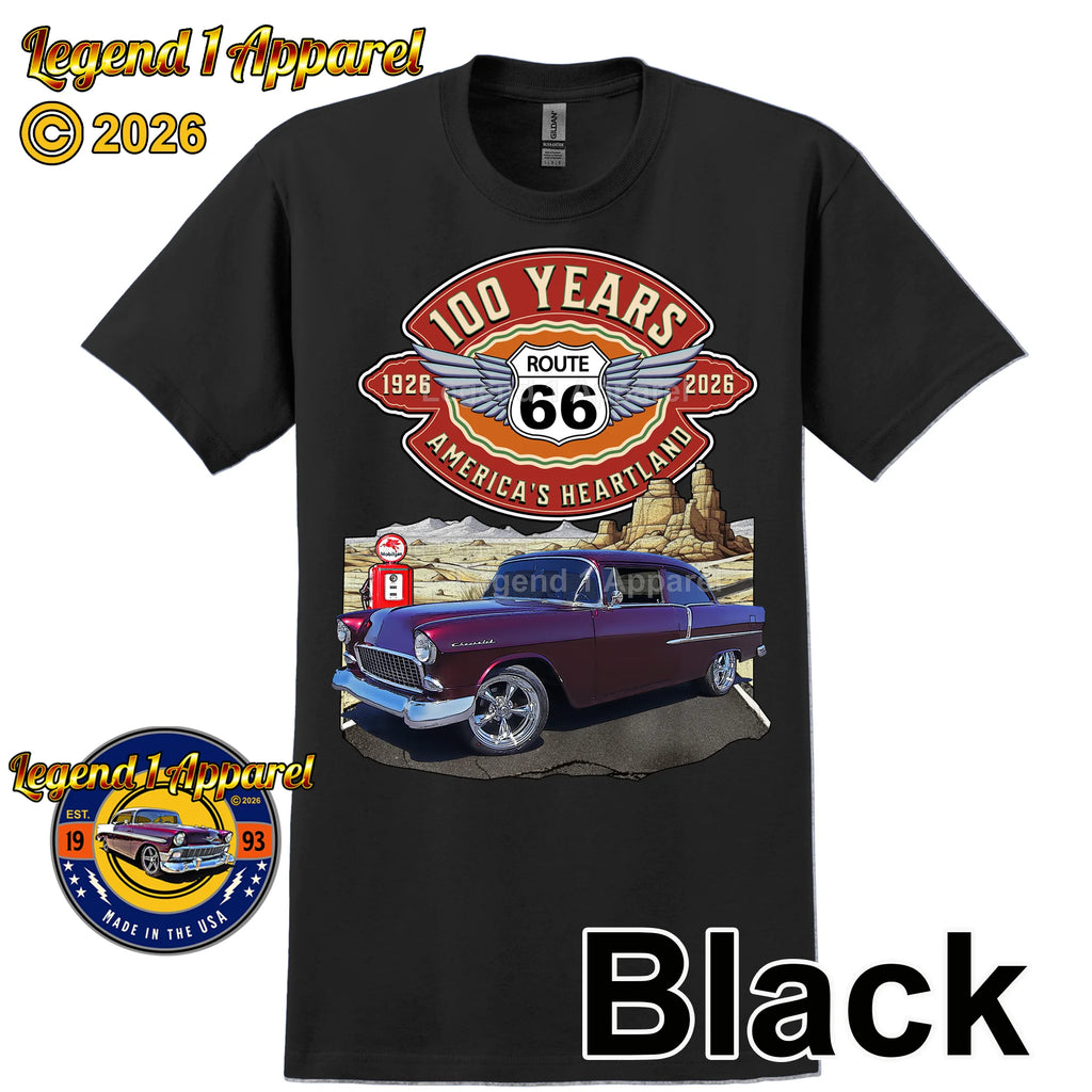 1955 Chevrolet 210 Del Ray Coupe Classic Car Graphic Tee – Route 66 100 Years T-Shirt