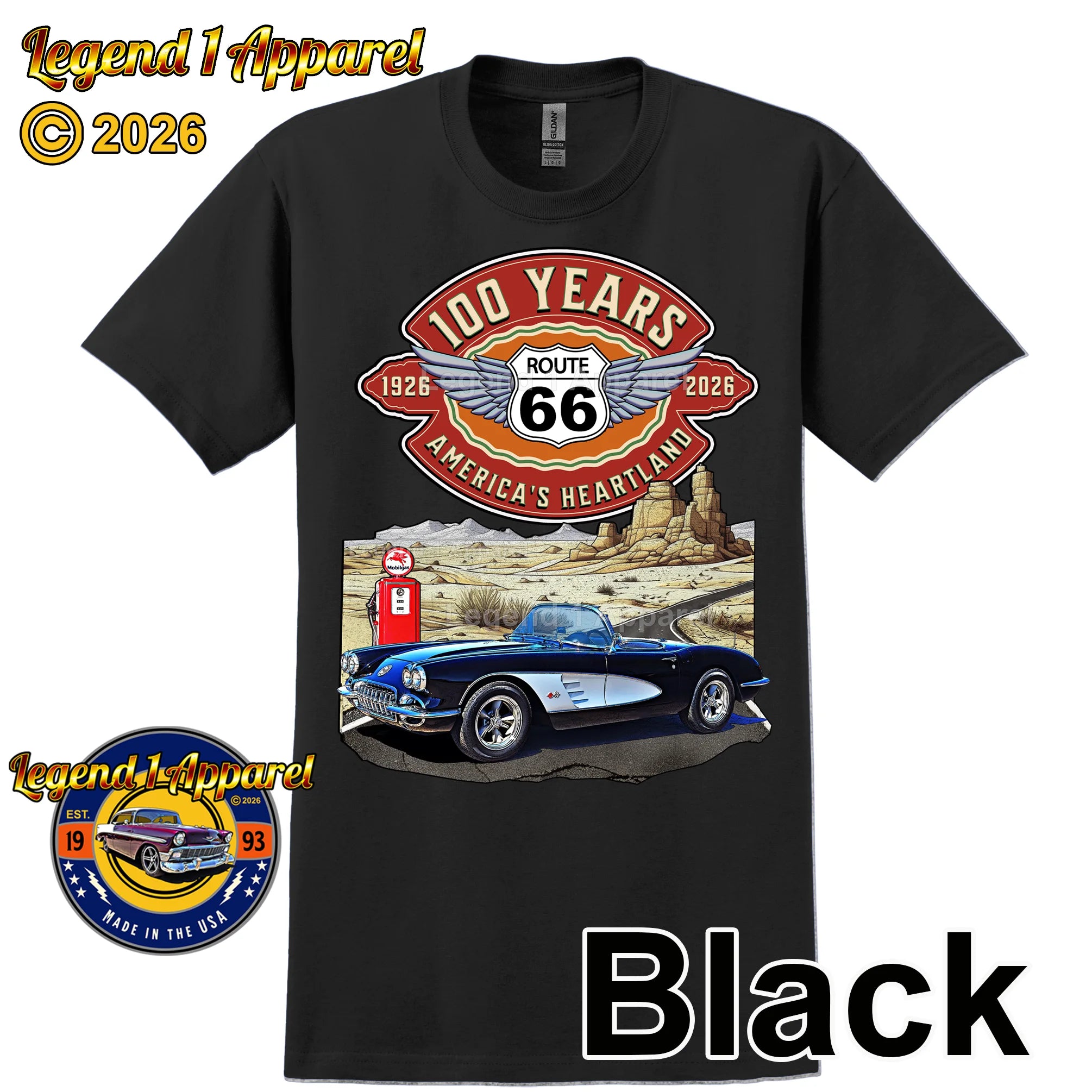 1960 Chevrolet Corvette C1 Classic Car Graphic Tee – Route 66 100 Years T-Shirt
