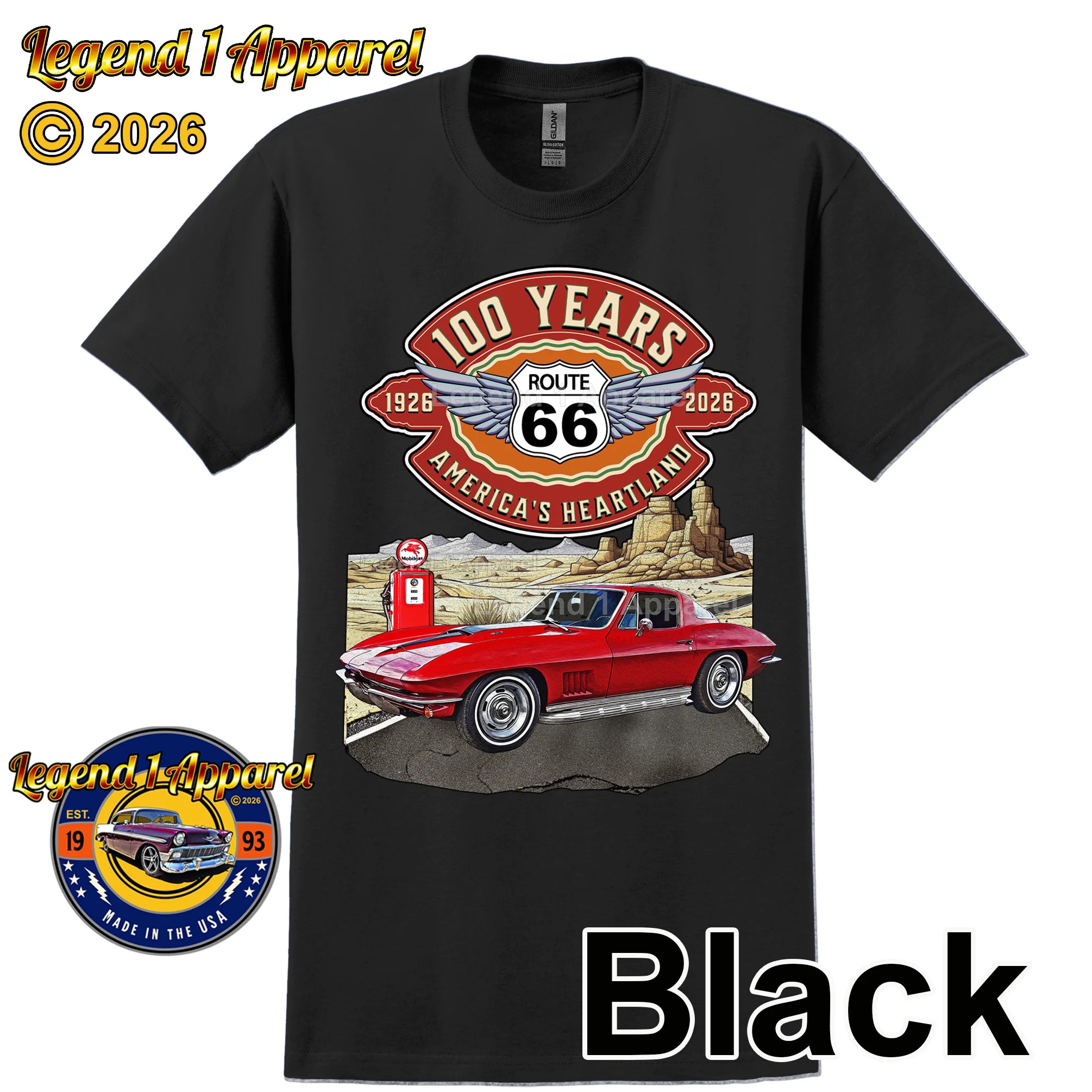 1967 Chevrolet Corvette C2 Classic Car Graphic Tee – Route 66 100 Years T-Shirt