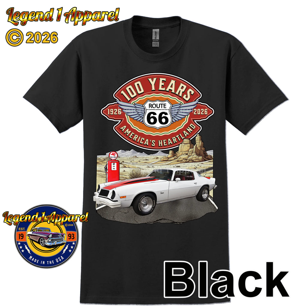 1976 Chevrolet Camaro Classic Car Graphic Tee – Route 66 100 Years T-Shirt