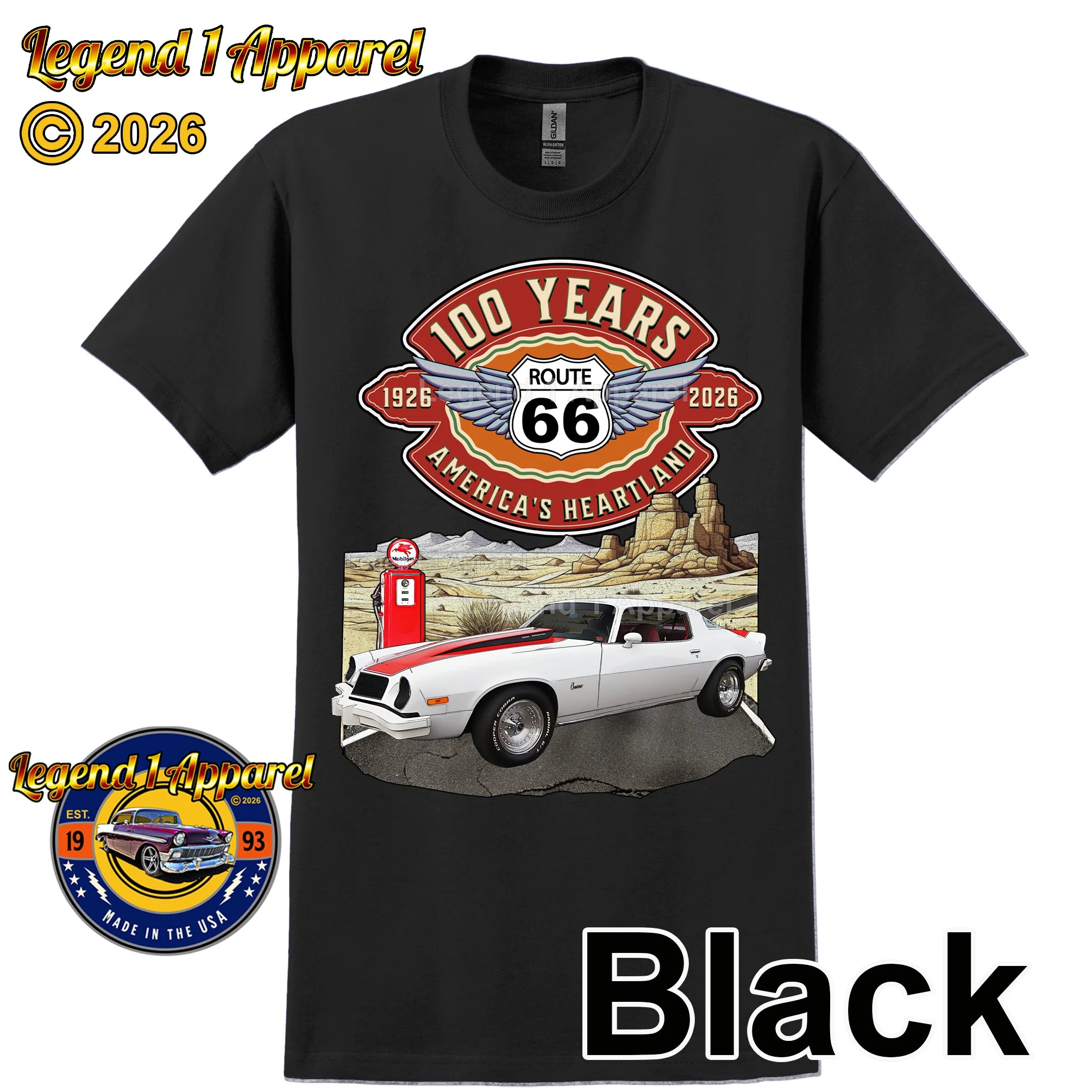 1976 Chevrolet Camaro Classic Car Graphic Tee – Route 66 100 Years T-Shirt