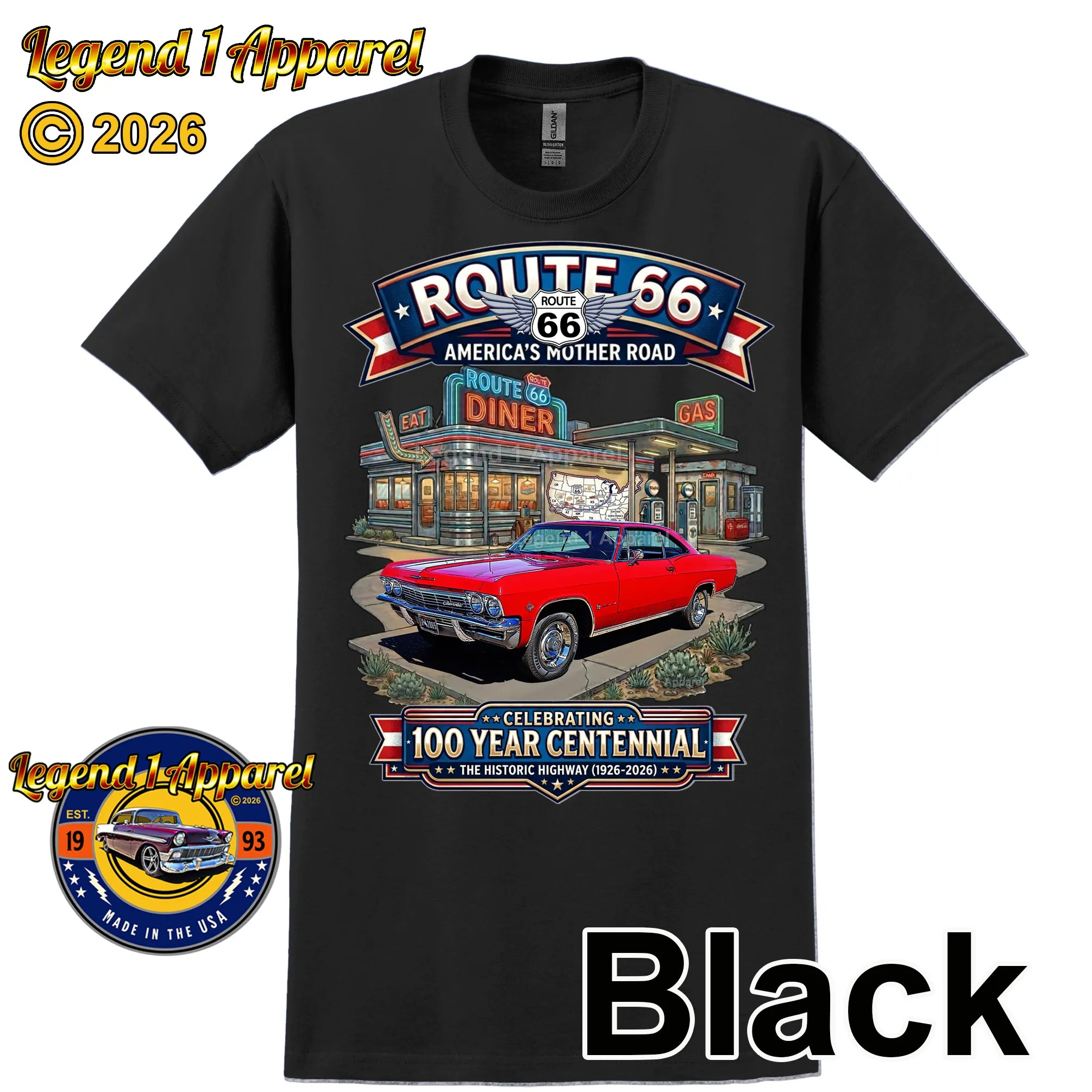 1965 Chevrolet Impala SS Classic Car Graphic Tee – Route 66 Centennial T-Shirt