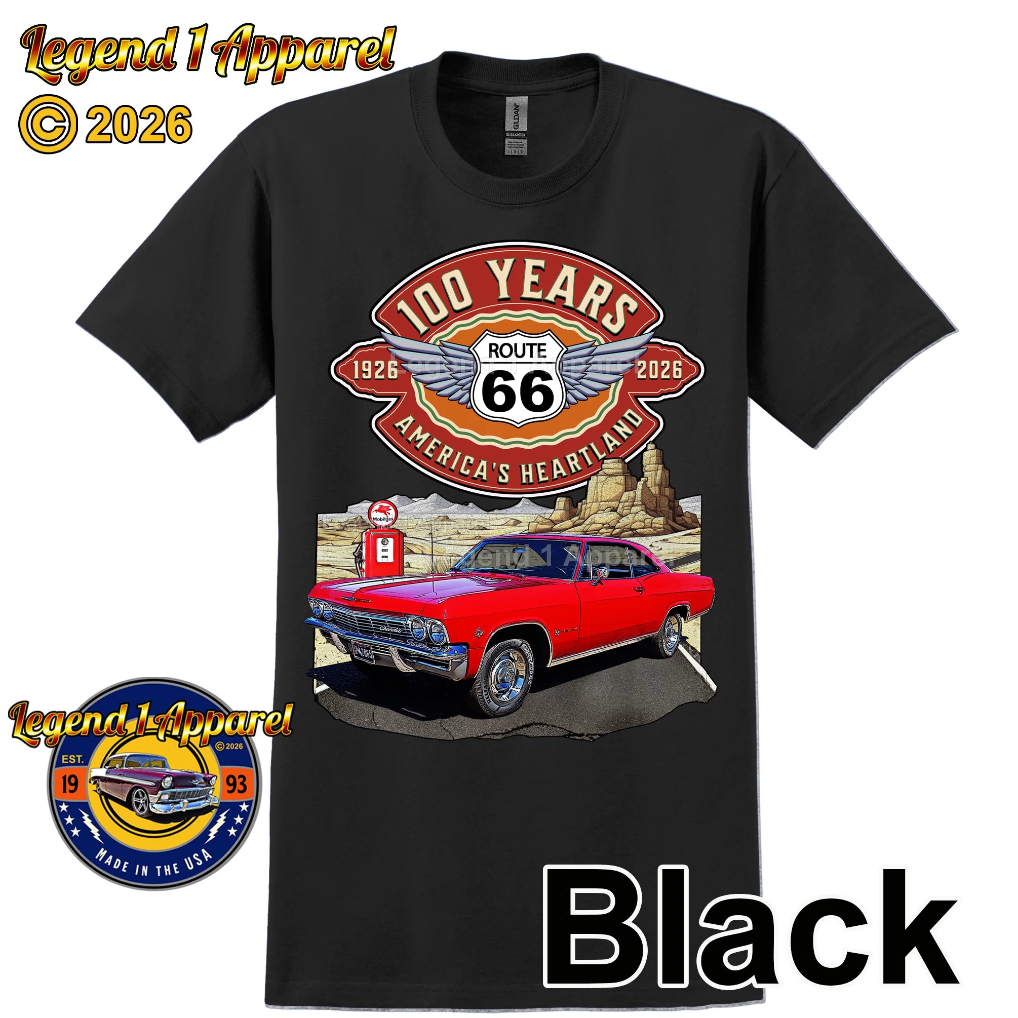 1965 Chevrolet Impala SS Classic Car Graphic Tee – Route 66 100 Years T-Shirt