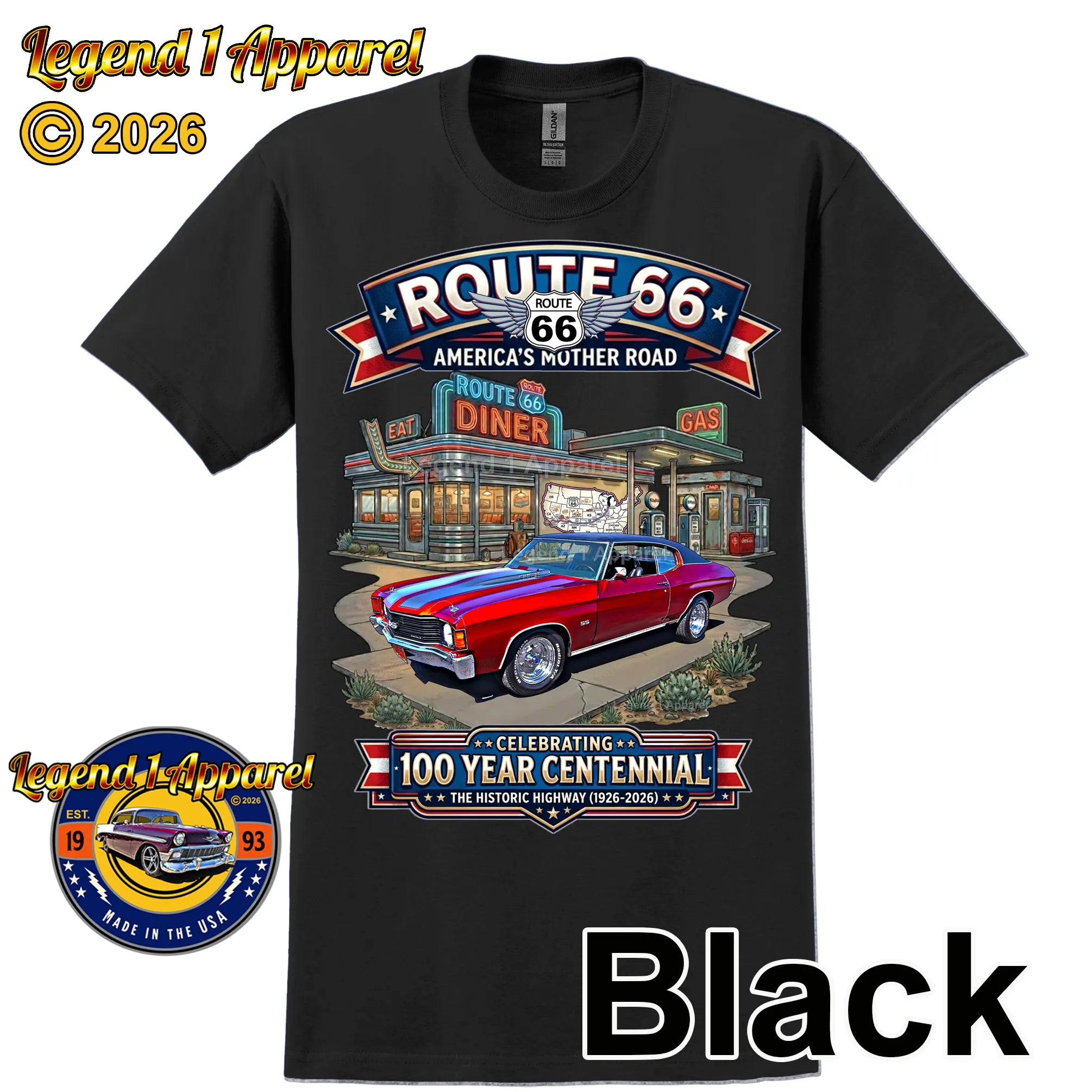 1972 Chevrolet Chevelle SS Classic Car Graphic Tee – Route 66 Centennial T-Shirt