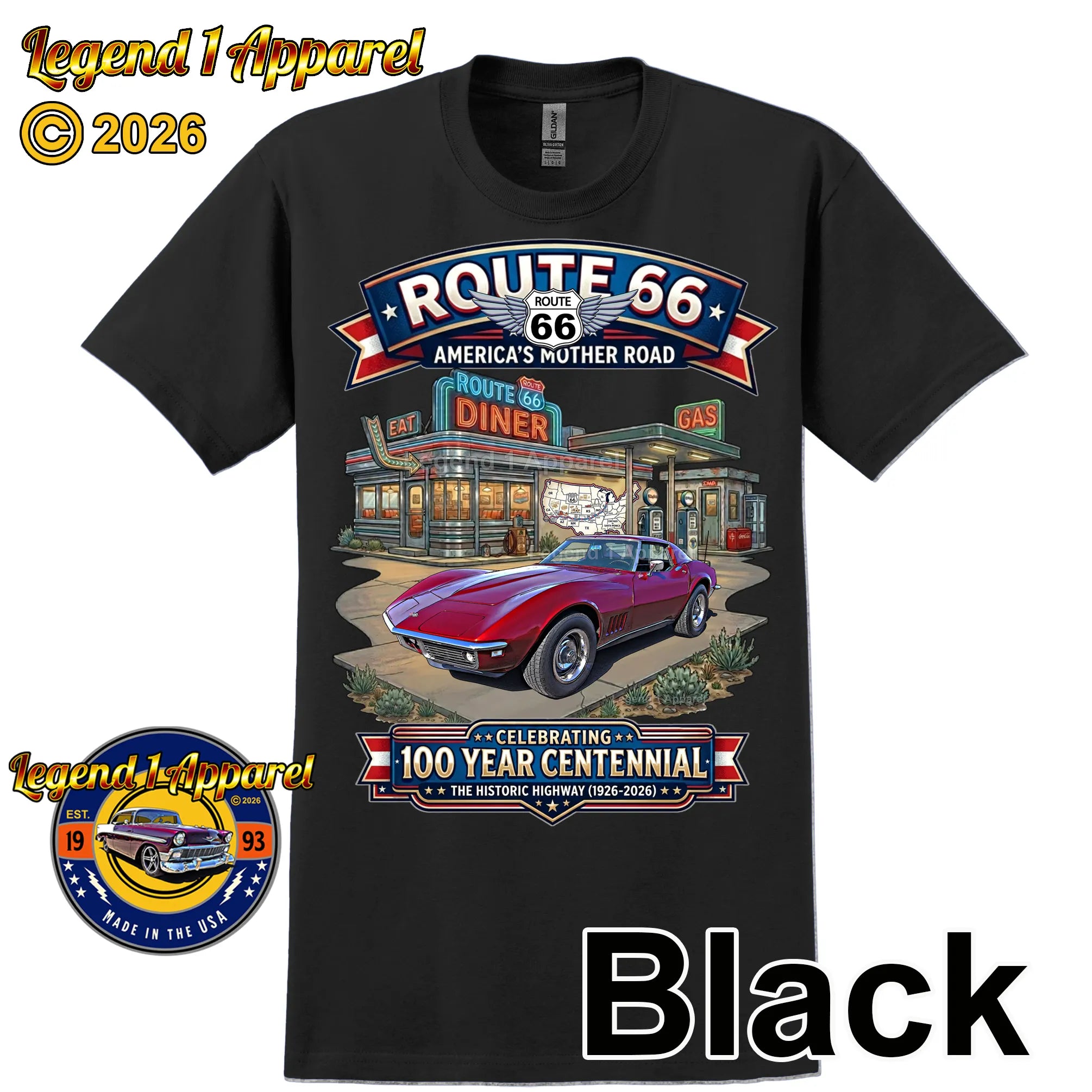 1969 Chevrolet Corvette C3 Classic Car Graphic Tee – Route 66 Centennial T-Shirt