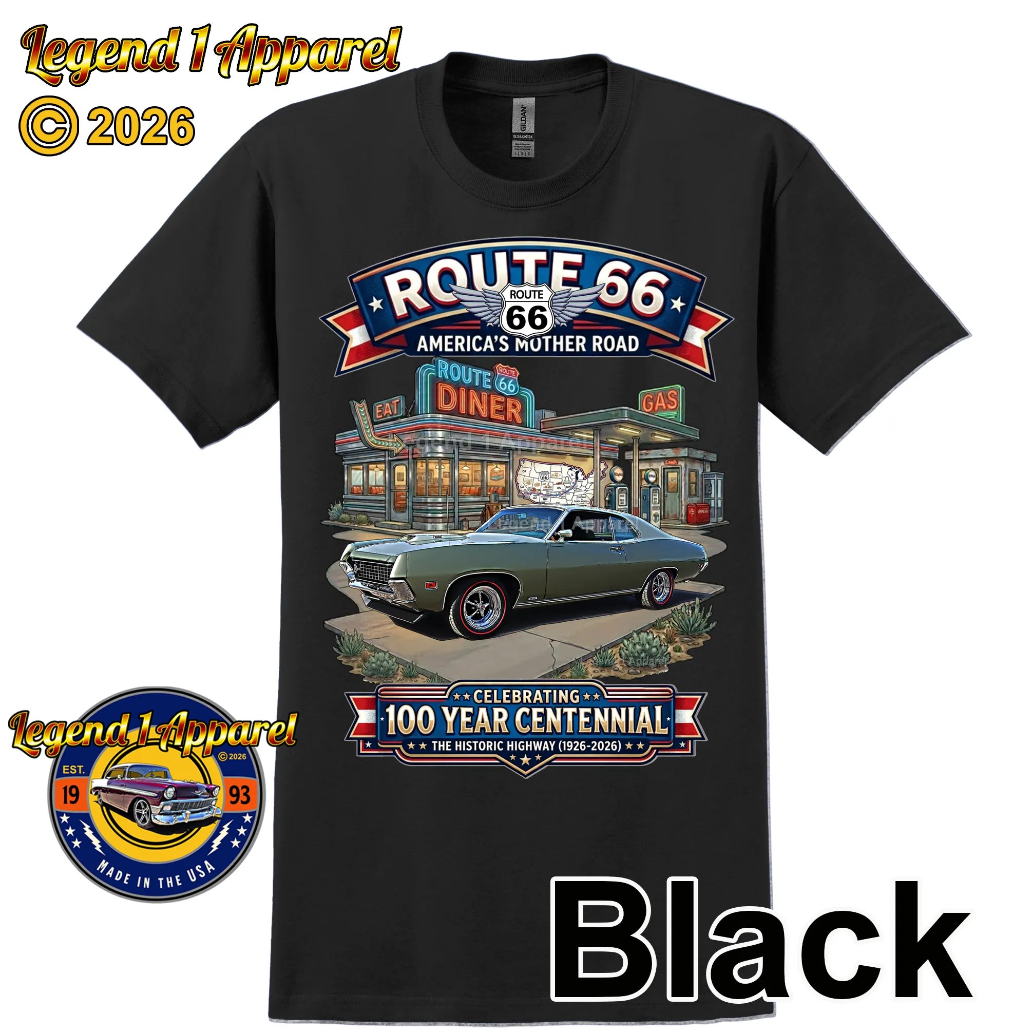 1970 Ford Torino Classic Car Graphic Tee – Route 66 Centennial T-Shirt