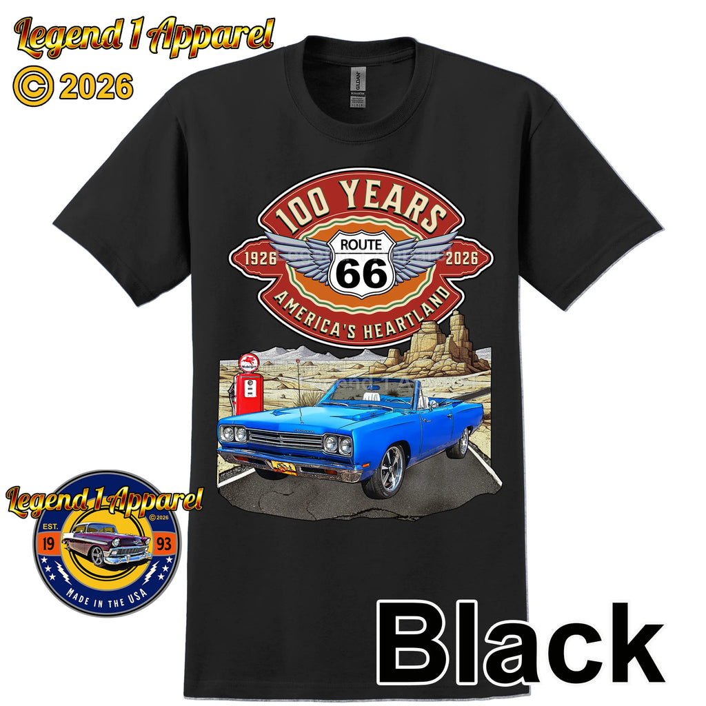 1969 Plymouth RoadRunner Classic Car Graphic Tee – Route 66 100 Years T-Shirt
