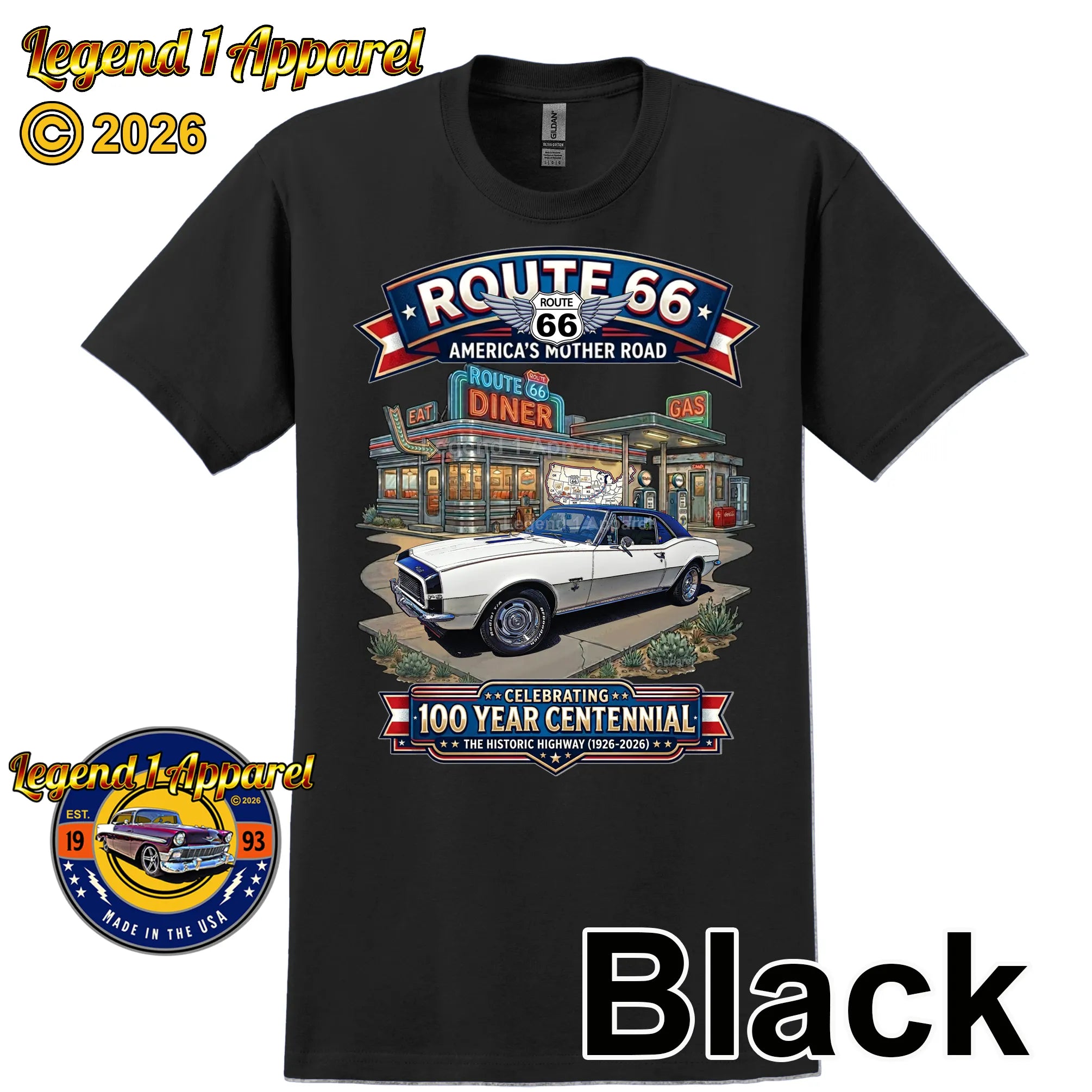 1967 Chevrolet Camaro Classic Car Graphic Tee – Route 66 Centennial T-Shirt