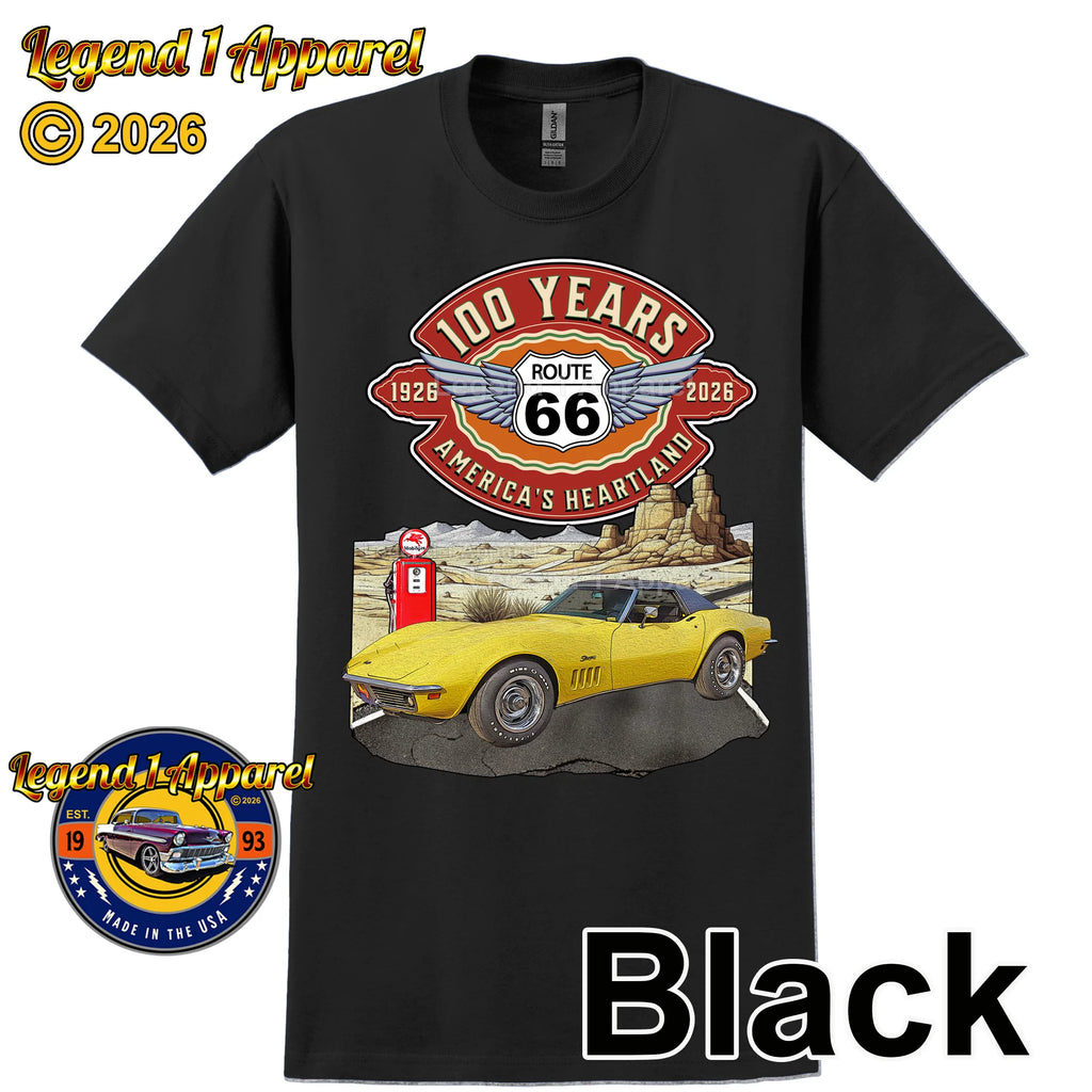 1969 Chevrolet Corvette C3 Classic Car Graphic Tee – Route 66 100 Years T-Shirt